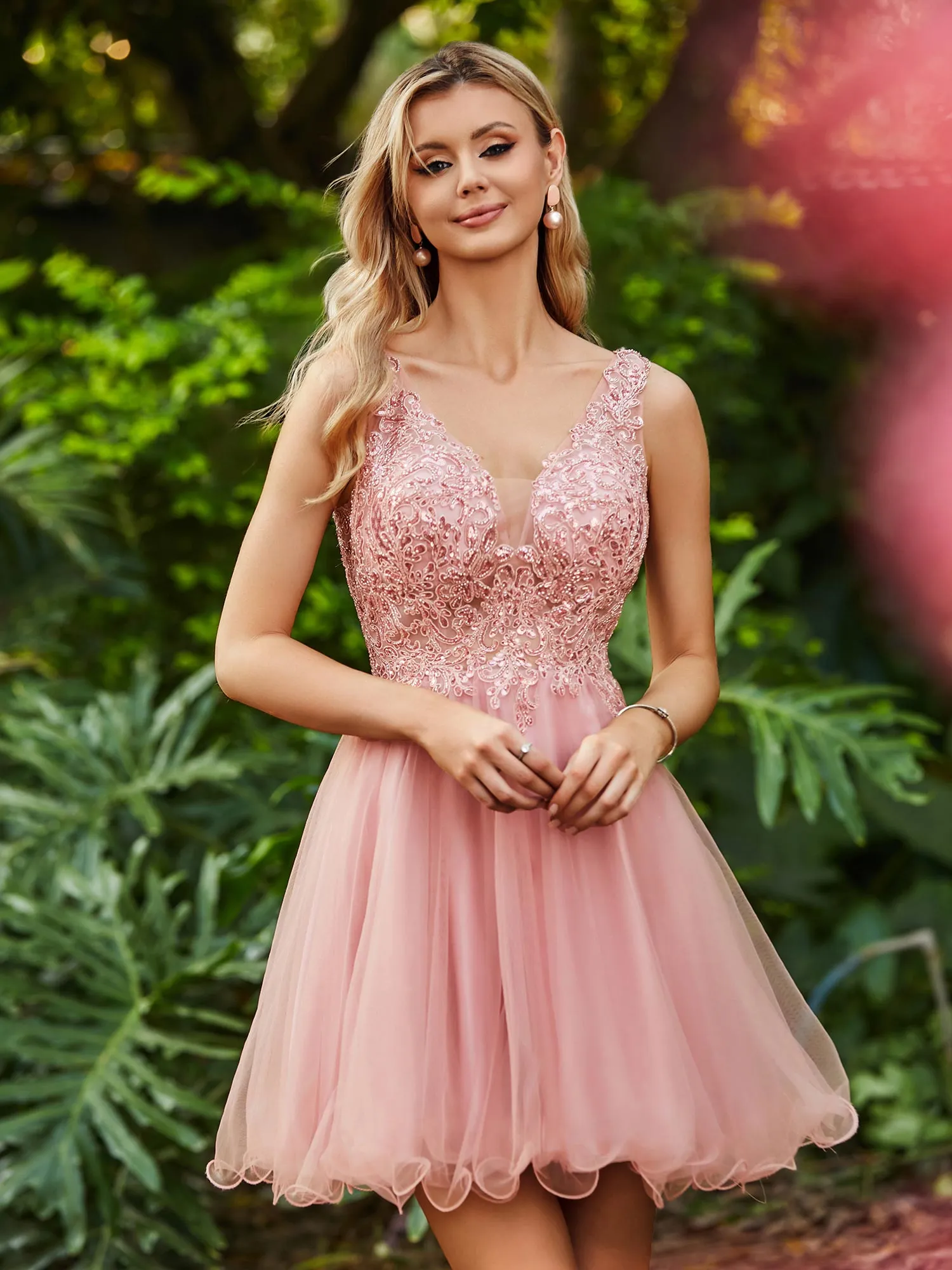 A-Line Sequins Top Ruffle Short HOCO Dress Dusty Rose
