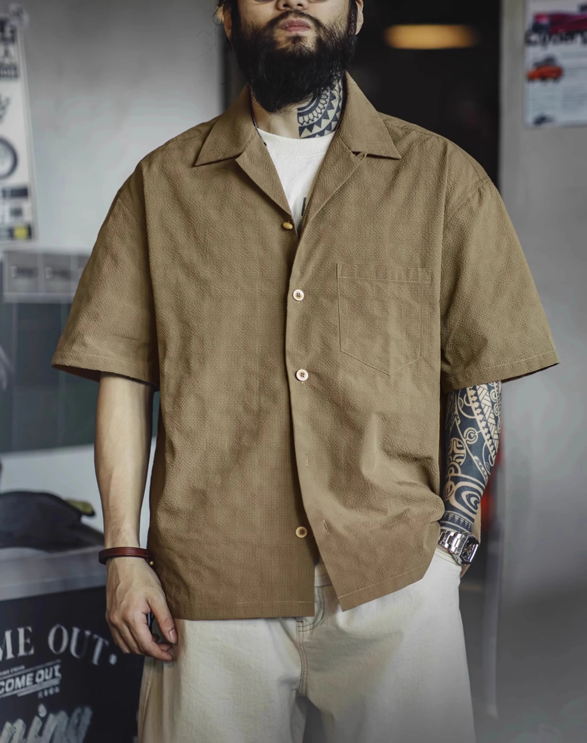 American Workwear Pleated Texture Woven Jacquard Men's Shirt
