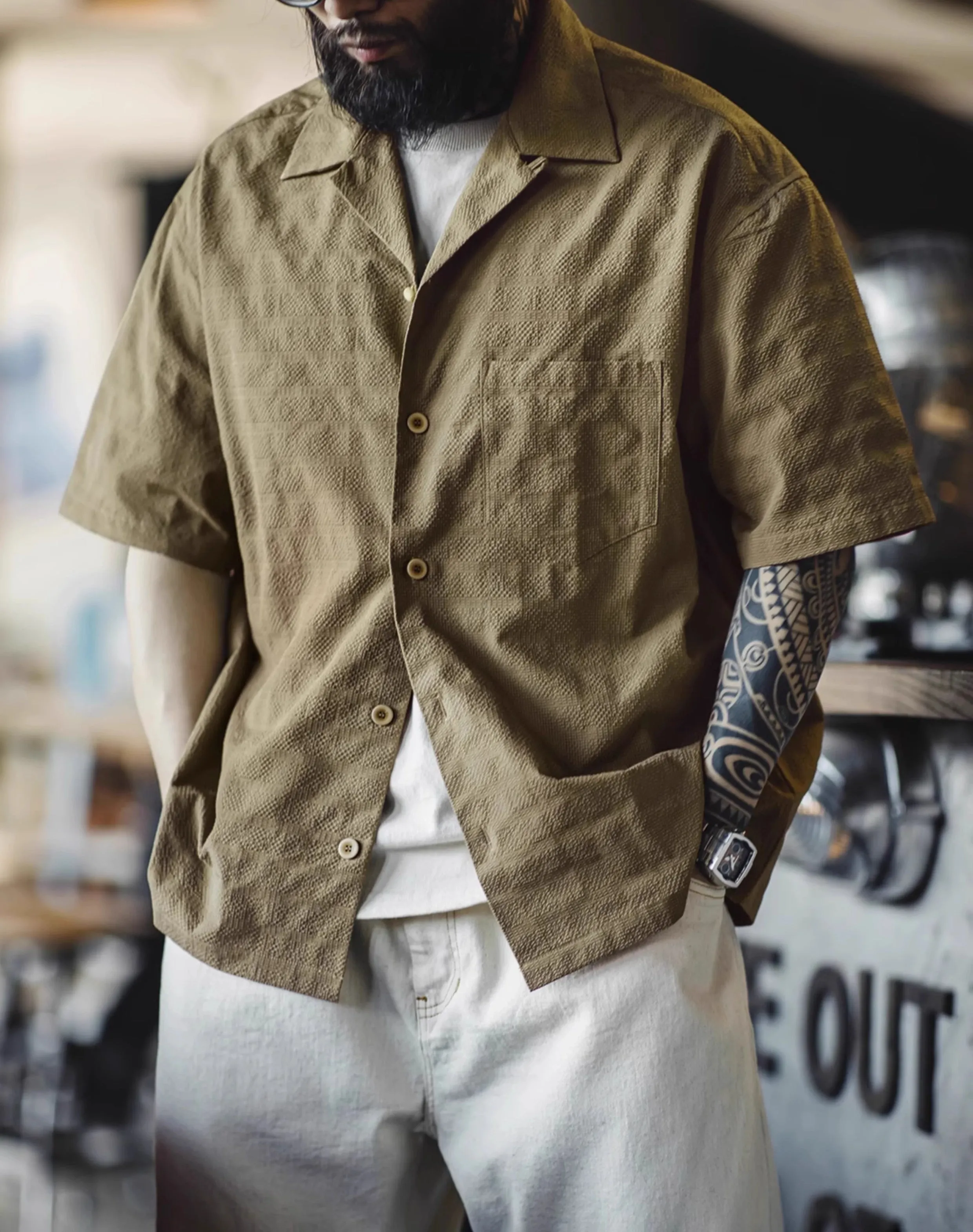 American Workwear Pleated Texture Woven Jacquard Men's Shirt