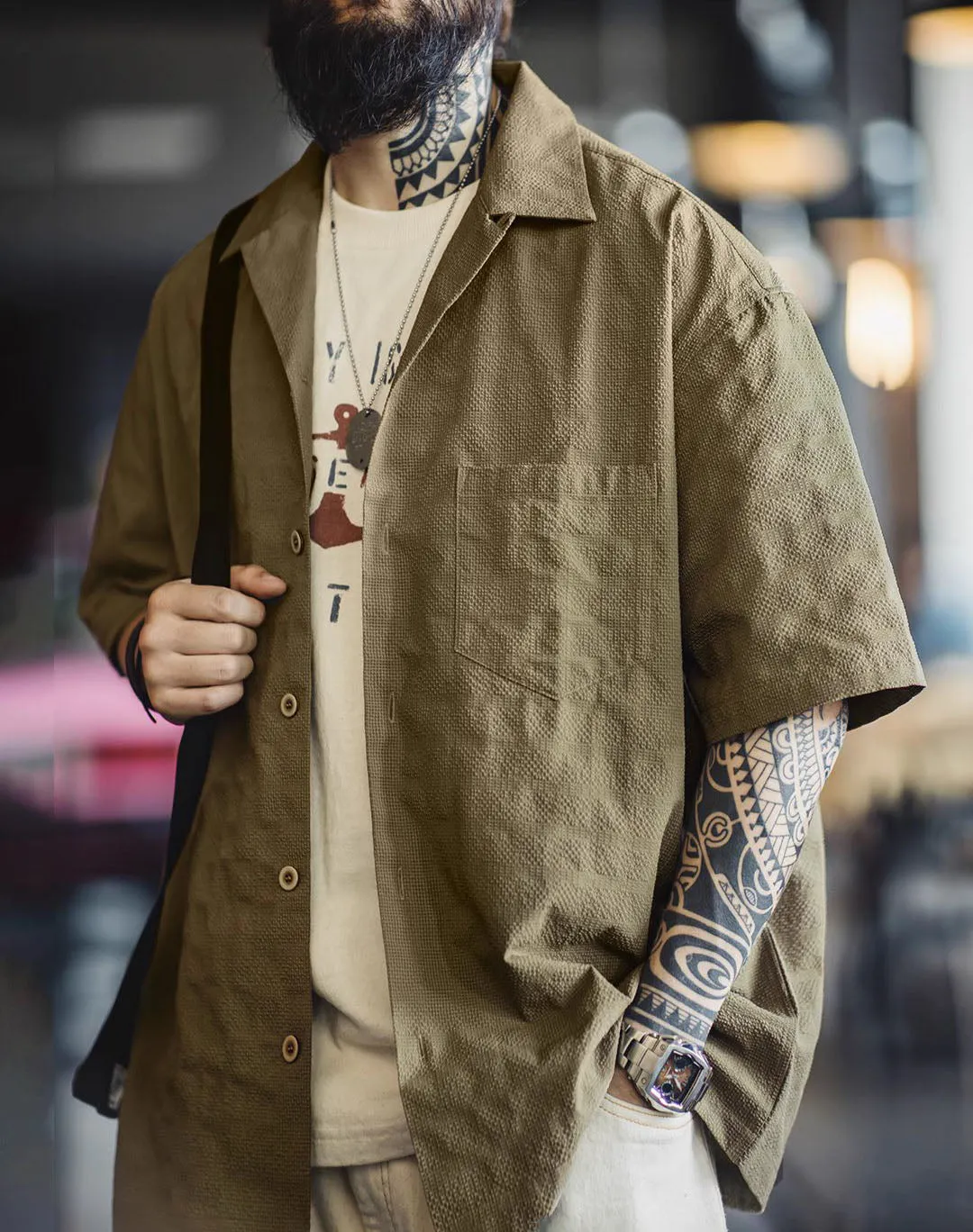American Workwear Pleated Texture Woven Jacquard Men's Shirt