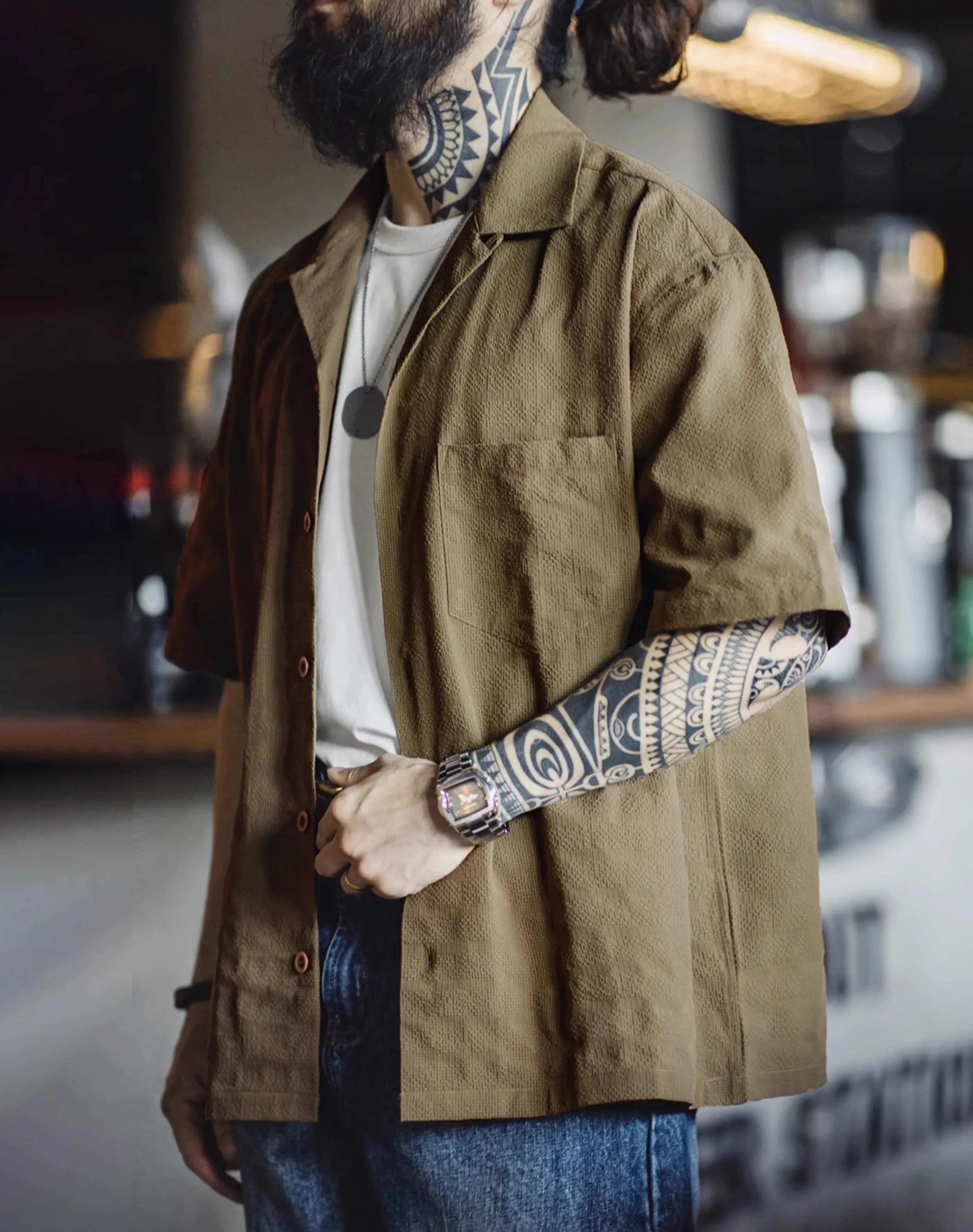 American Workwear Pleated Texture Woven Jacquard Men's Shirt