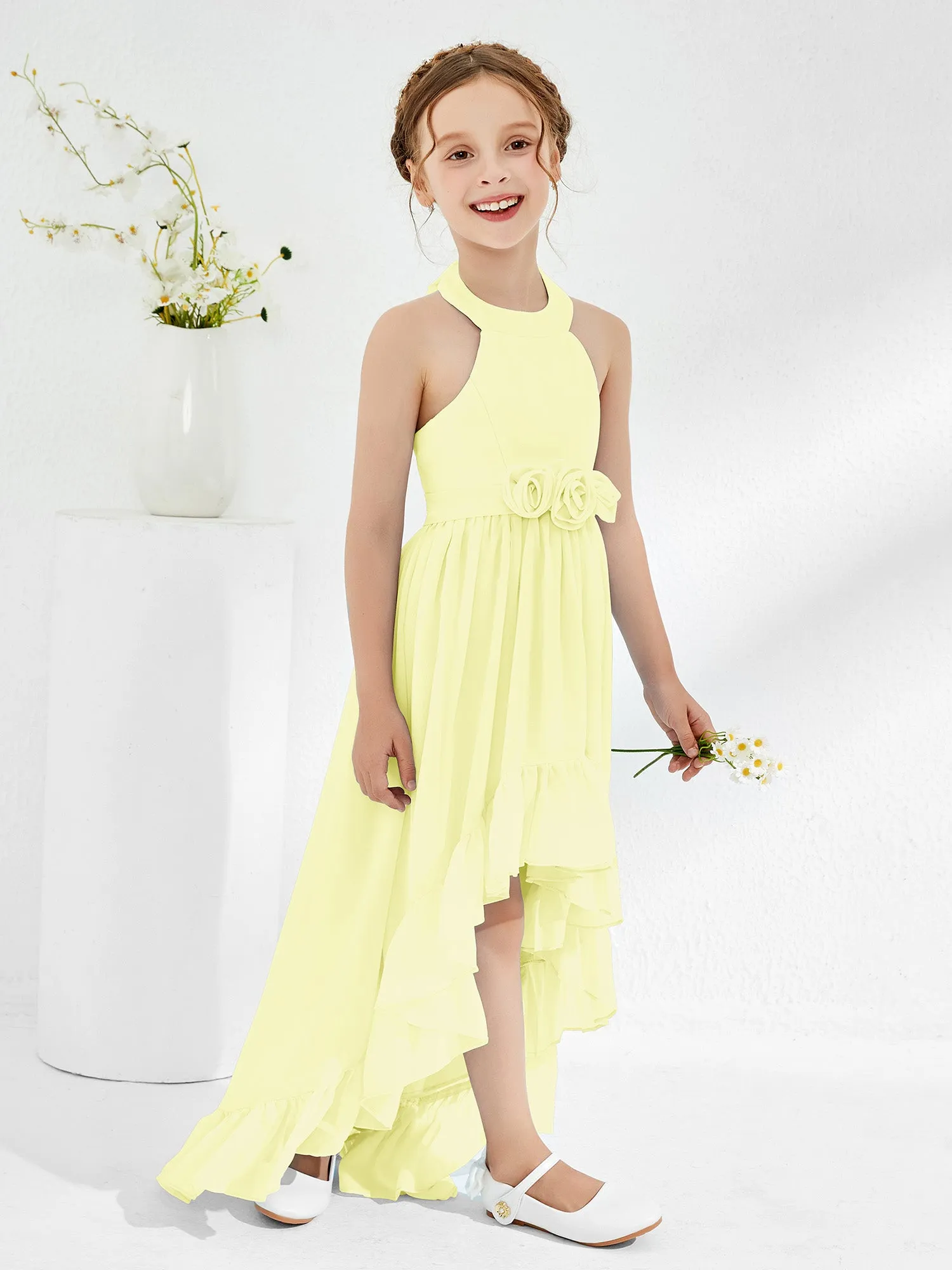 Asymmetrical A-line Junior Bridesmaid Dresses with Flower Daffodil