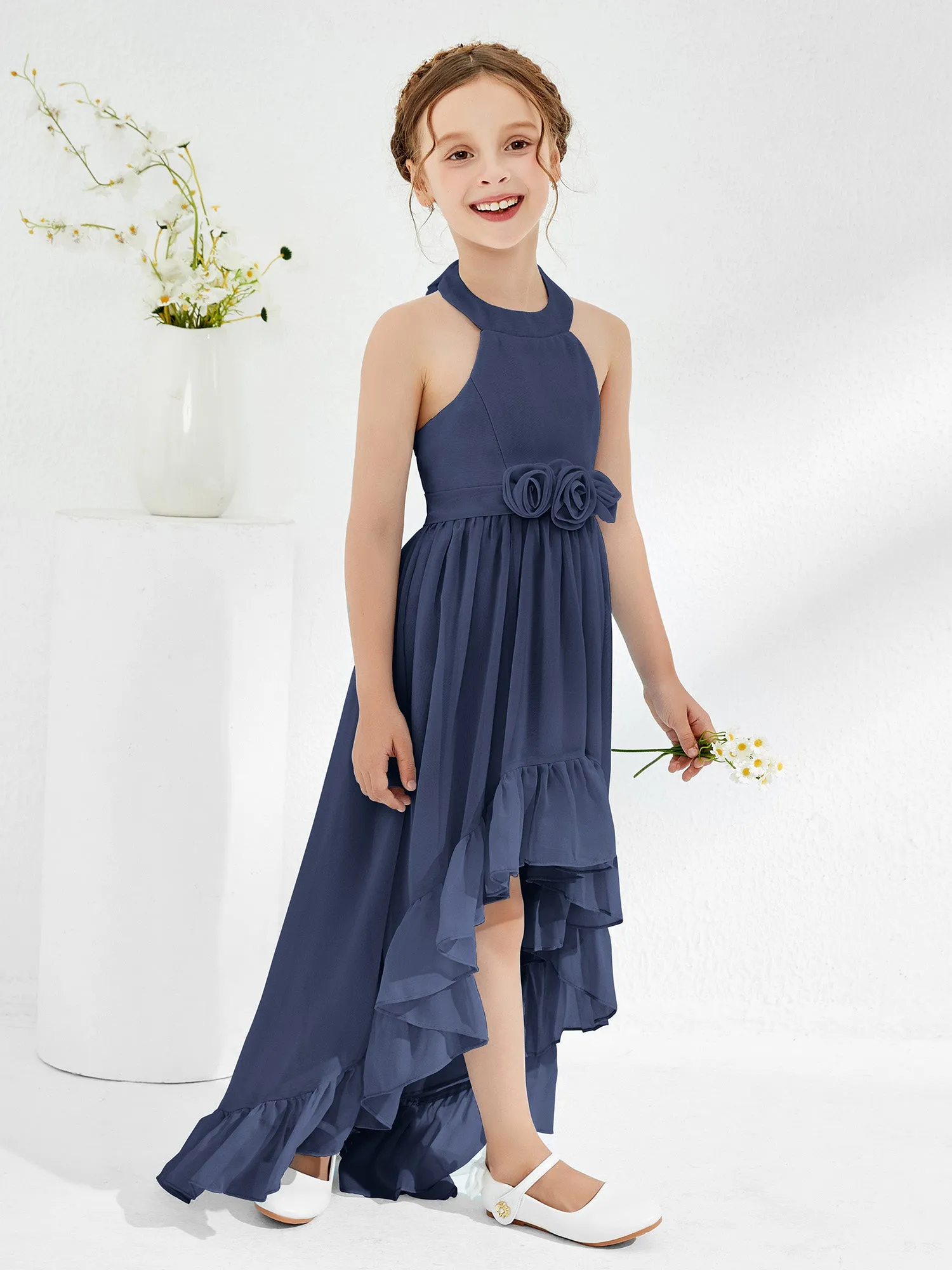 Asymmetrical A-line Junior Bridesmaid Dresses with Flower Dark Navy
