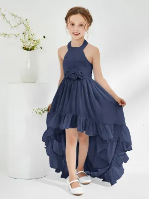 Asymmetrical A-line Junior Bridesmaid Dresses with Flower Dark Navy