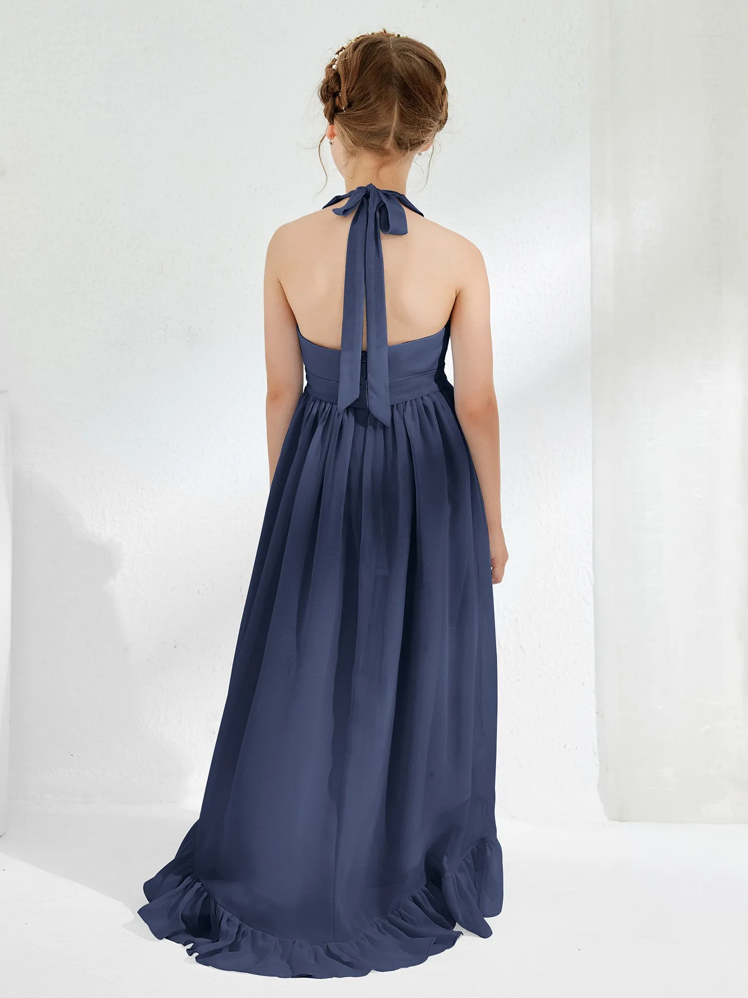 Asymmetrical A-line Junior Bridesmaid Dresses with Flower Dark Navy