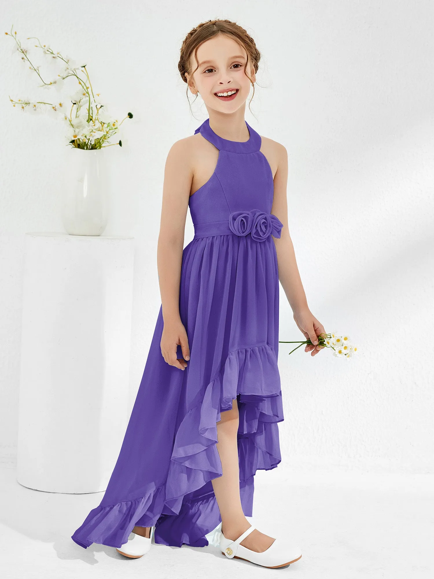 Asymmetrical A-line Junior Bridesmaid Dresses with Flower Regency