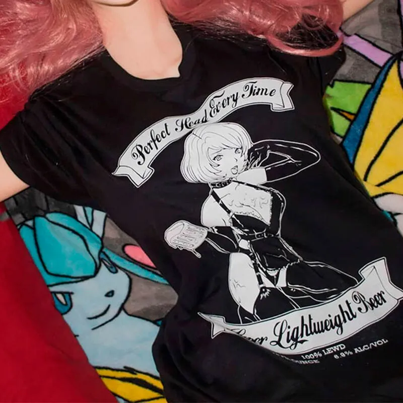 benpaolv Beer Nymph Anime Girl Dark Style T-Shirt HVY BLK