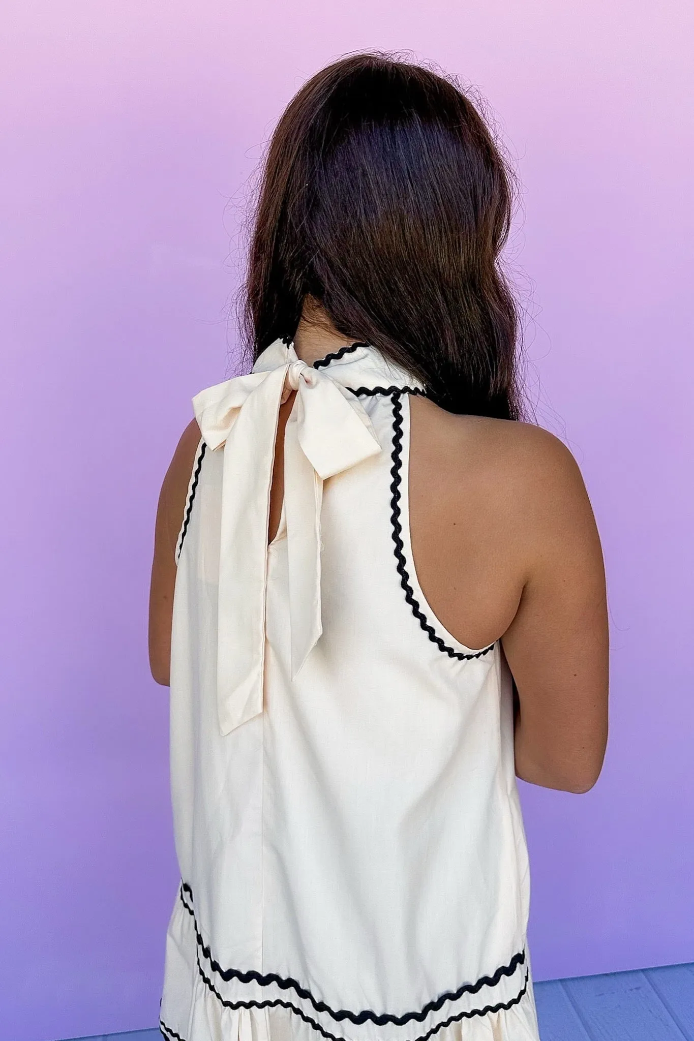 Black Ric Rac Halter Neck Tie Back Cream Dress