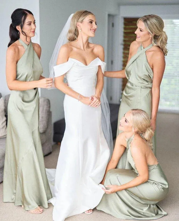 Bridesmaid Dresses Charming Sheath Satin Sage Long Bridesmaid Dresses