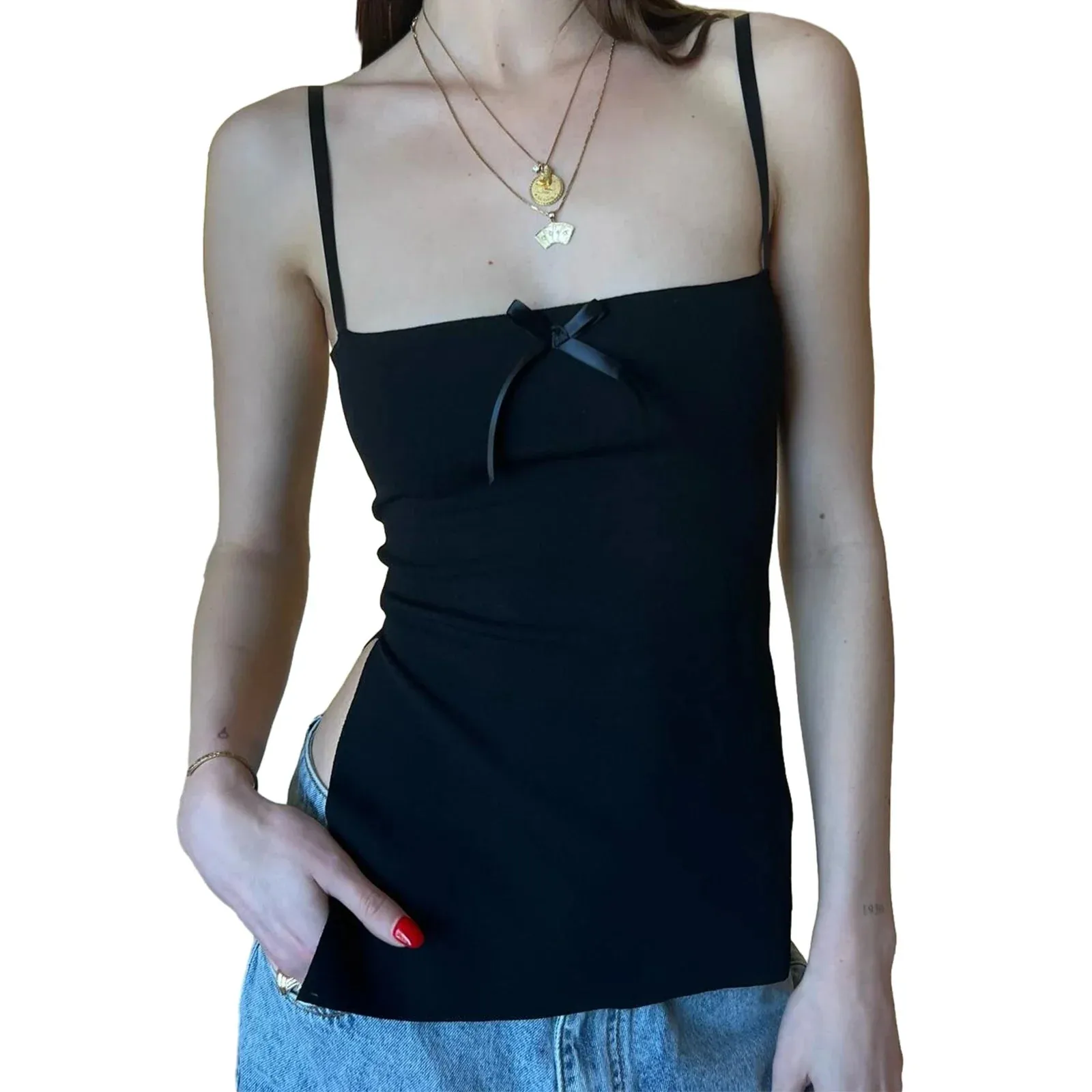 Cami Satin Bowknot Front Spaghetti Strap Mini Side Slit Streetwear Crop Slim Top