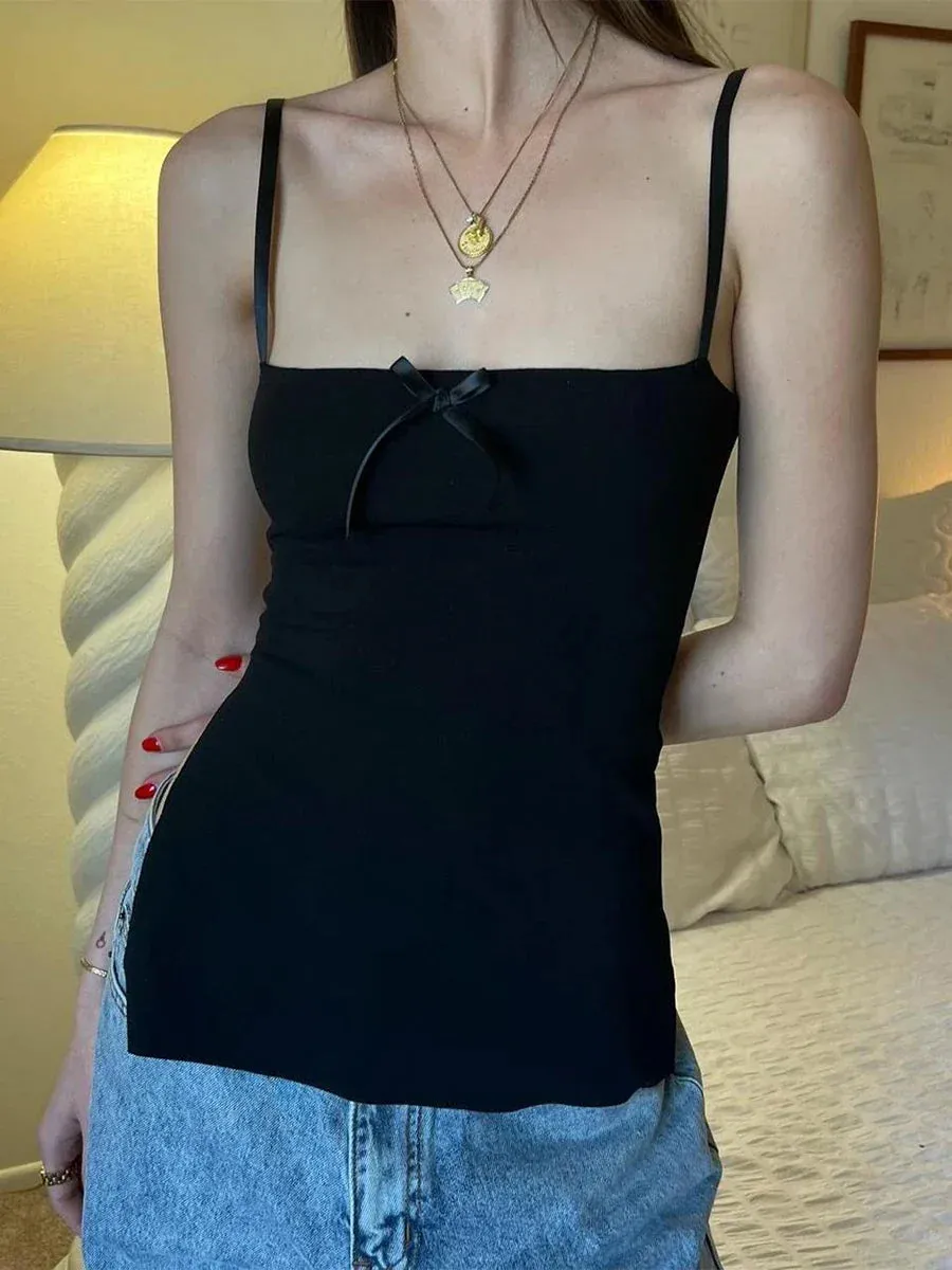 Cami Satin Bowknot Front Spaghetti Strap Mini Side Slit Streetwear Crop Slim Top