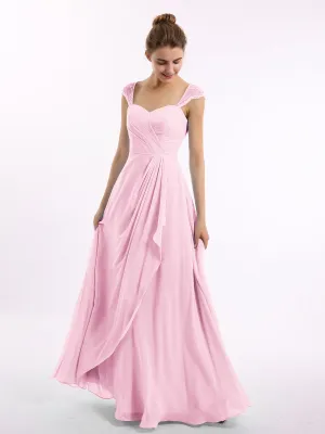 Chiffon Bridesmaid Dresses with Lace Cap Sleeves-Candy Pink