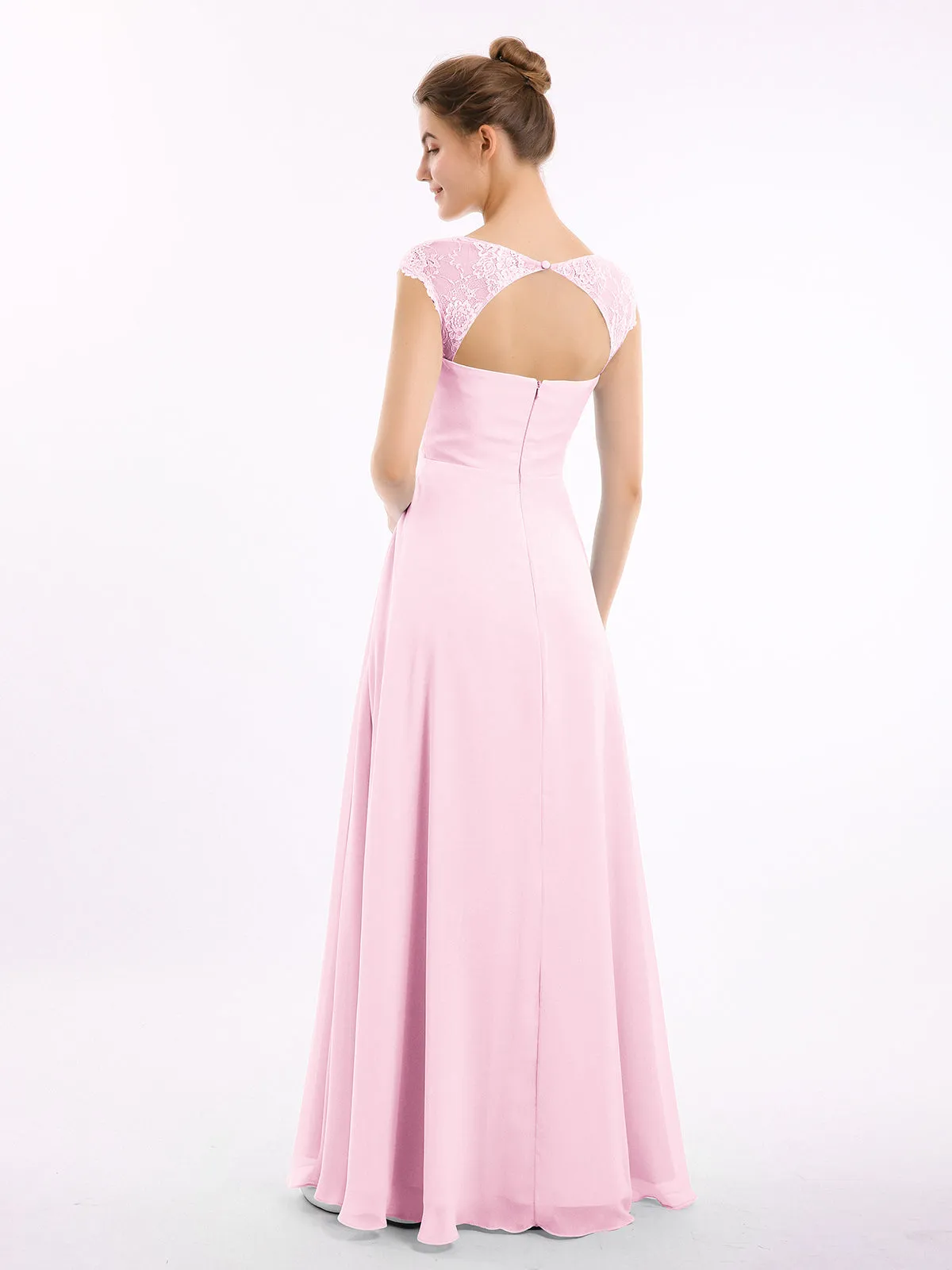 Chiffon Bridesmaid Dresses with Lace Cap Sleeves-Candy Pink