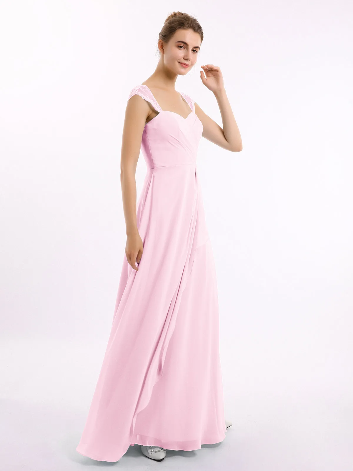 Chiffon Bridesmaid Dresses with Lace Cap Sleeves-Candy Pink