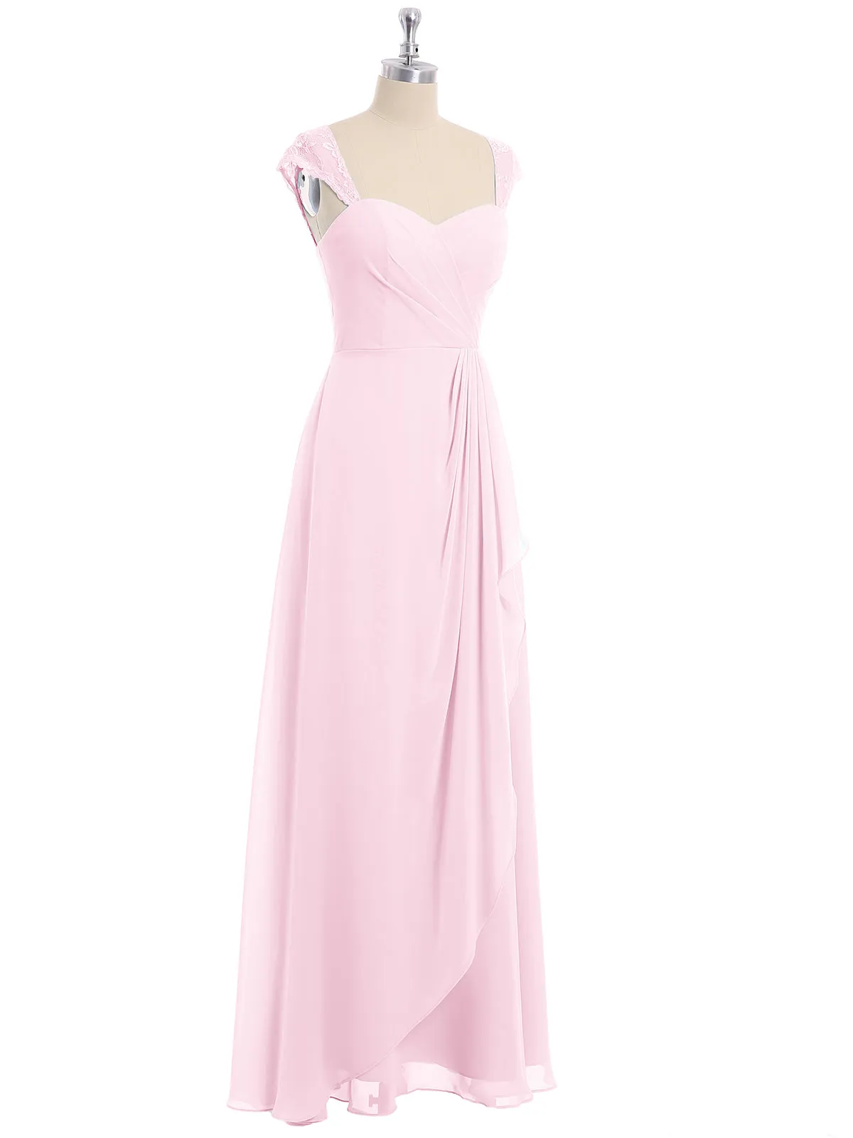 Chiffon Bridesmaid Dresses with Lace Cap Sleeves-Candy Pink