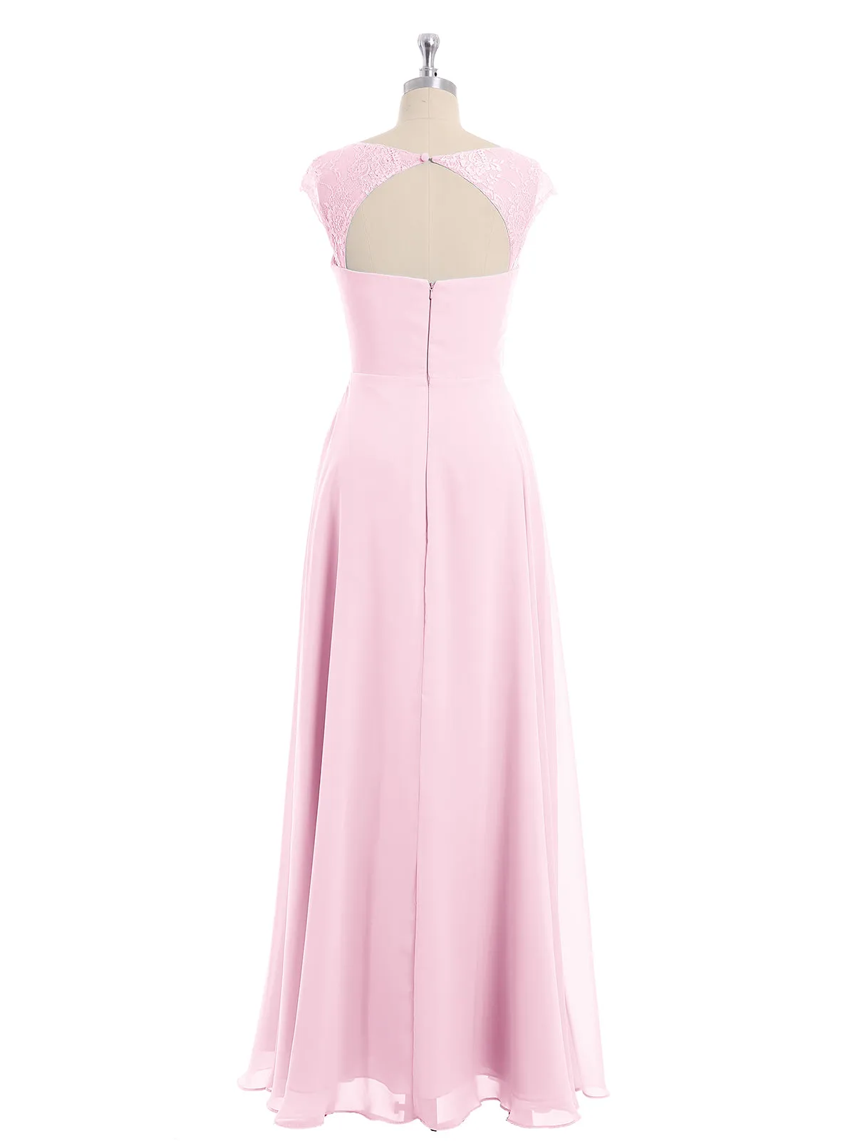 Chiffon Bridesmaid Dresses with Lace Cap Sleeves-Candy Pink
