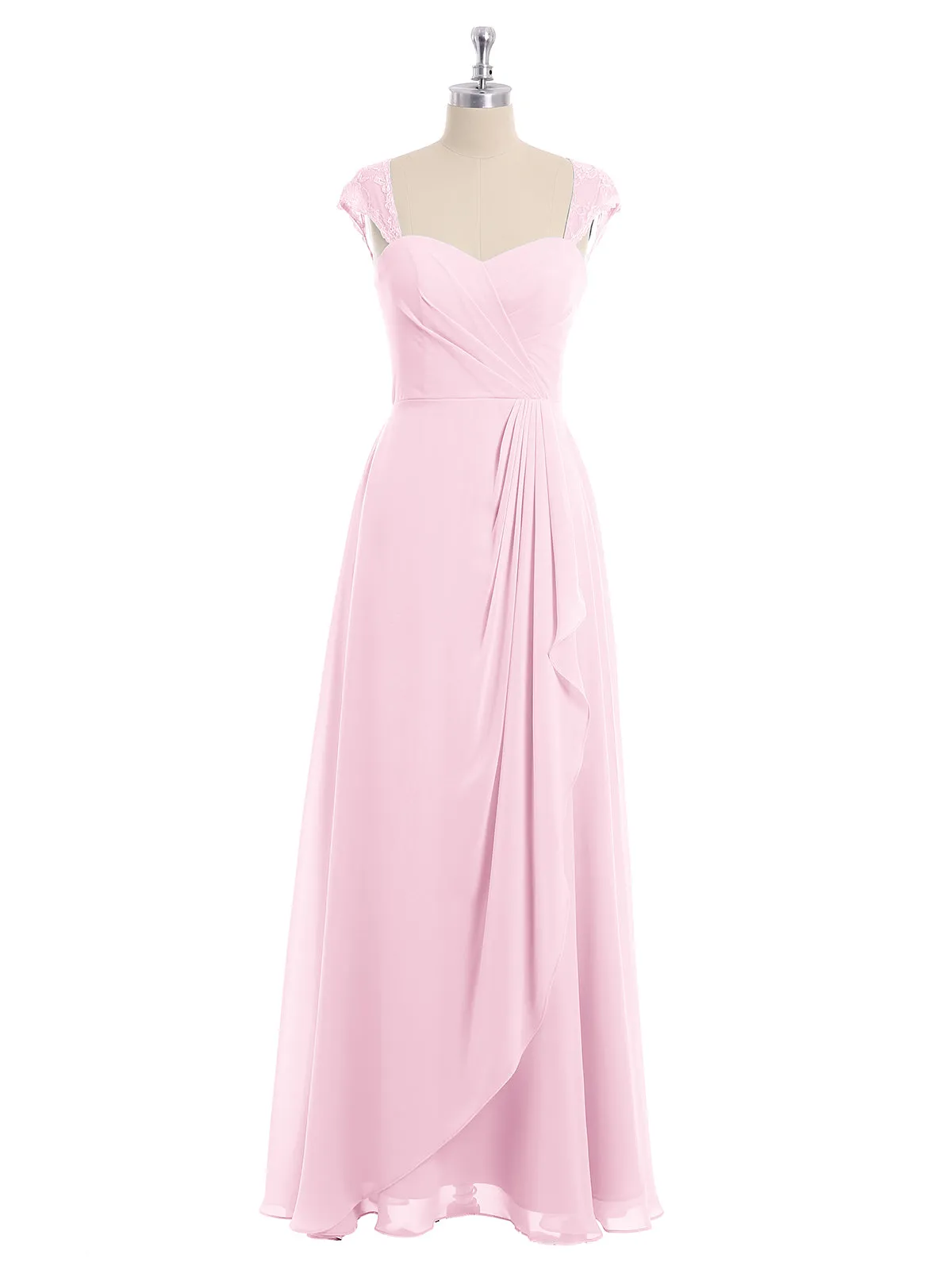 Chiffon Bridesmaid Dresses with Lace Cap Sleeves-Candy Pink