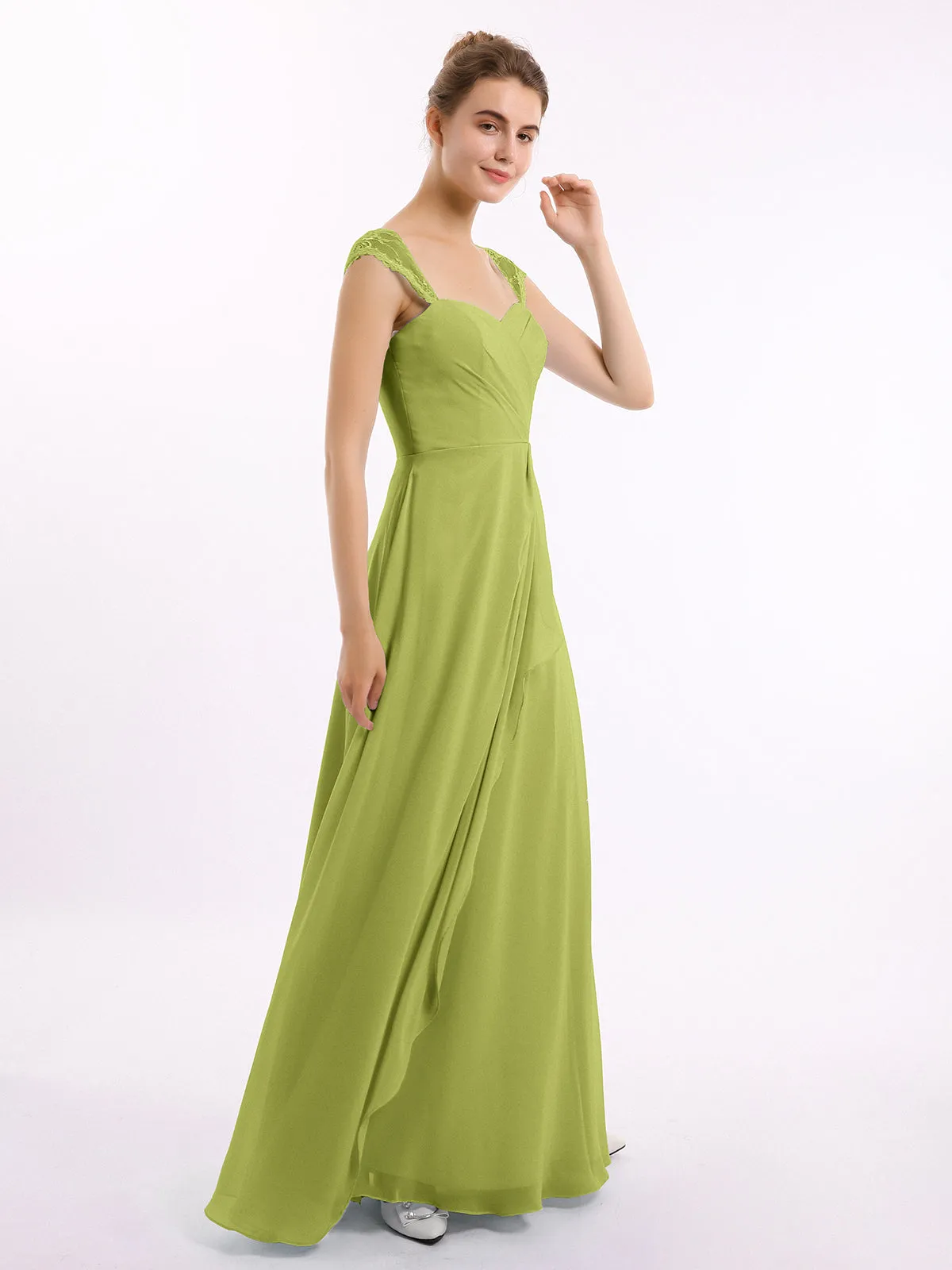Chiffon Bridesmaid Dresses with Lace Cap Sleeves-Clover