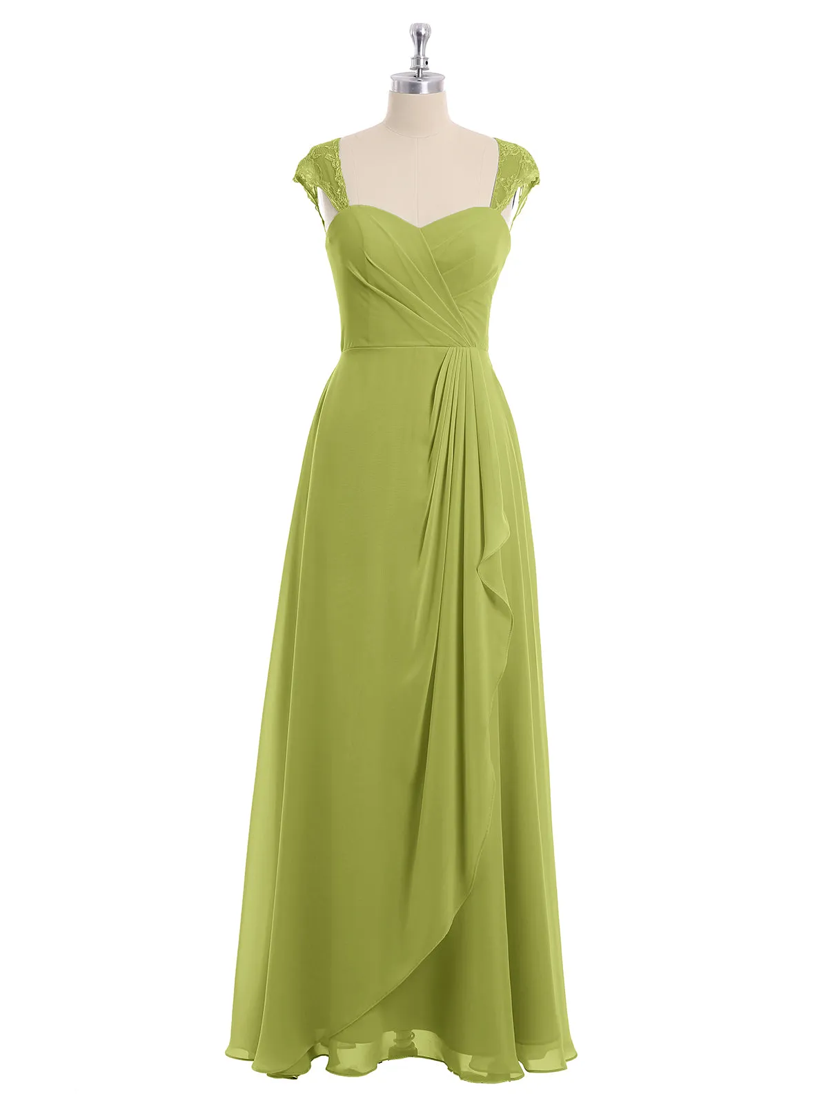 Chiffon Bridesmaid Dresses with Lace Cap Sleeves-Clover