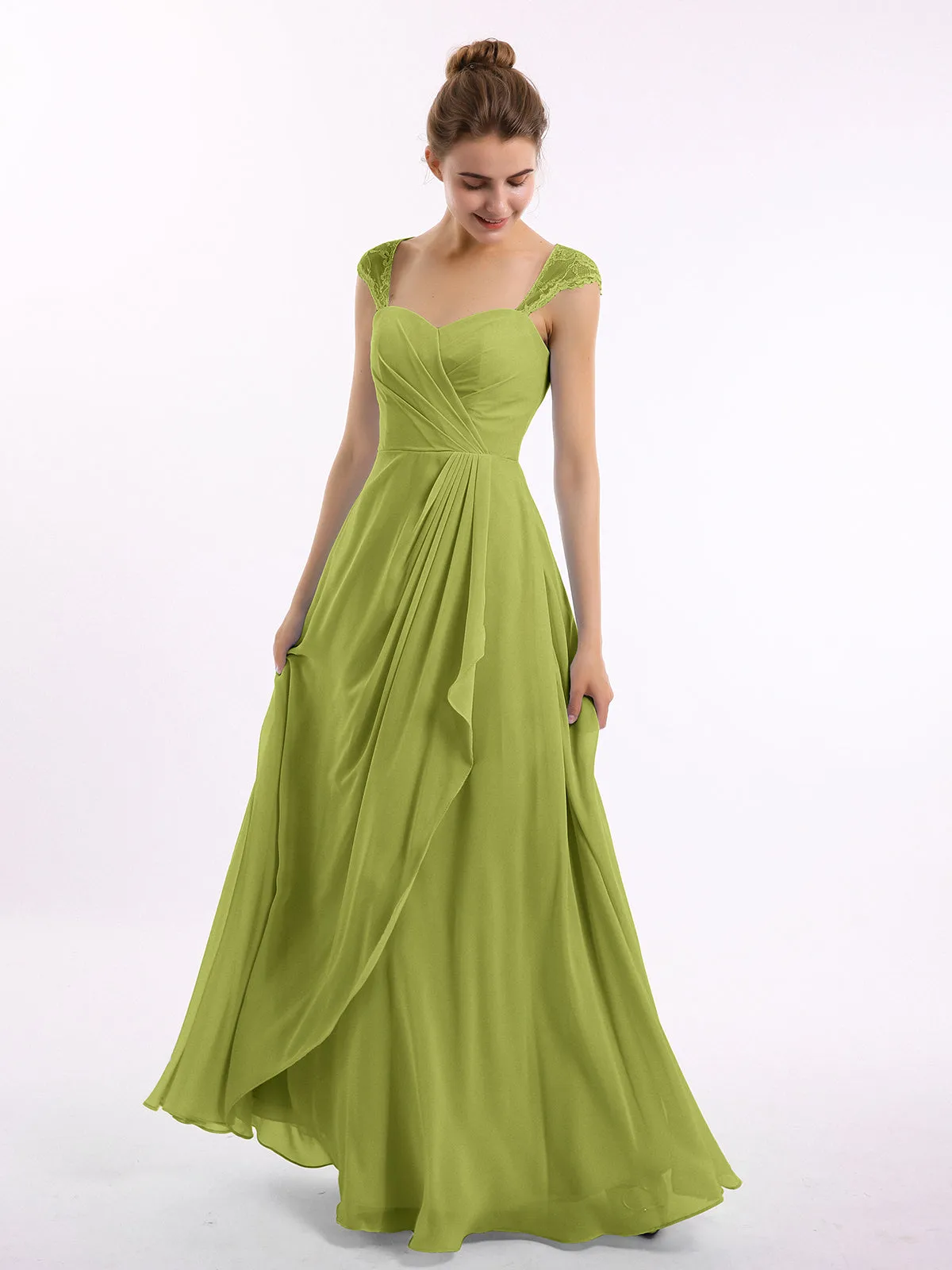Chiffon Bridesmaid Dresses with Lace Cap Sleeves-Clover