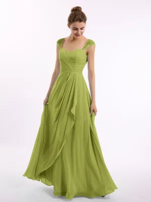Chiffon Bridesmaid Dresses with Lace Cap Sleeves-Clover