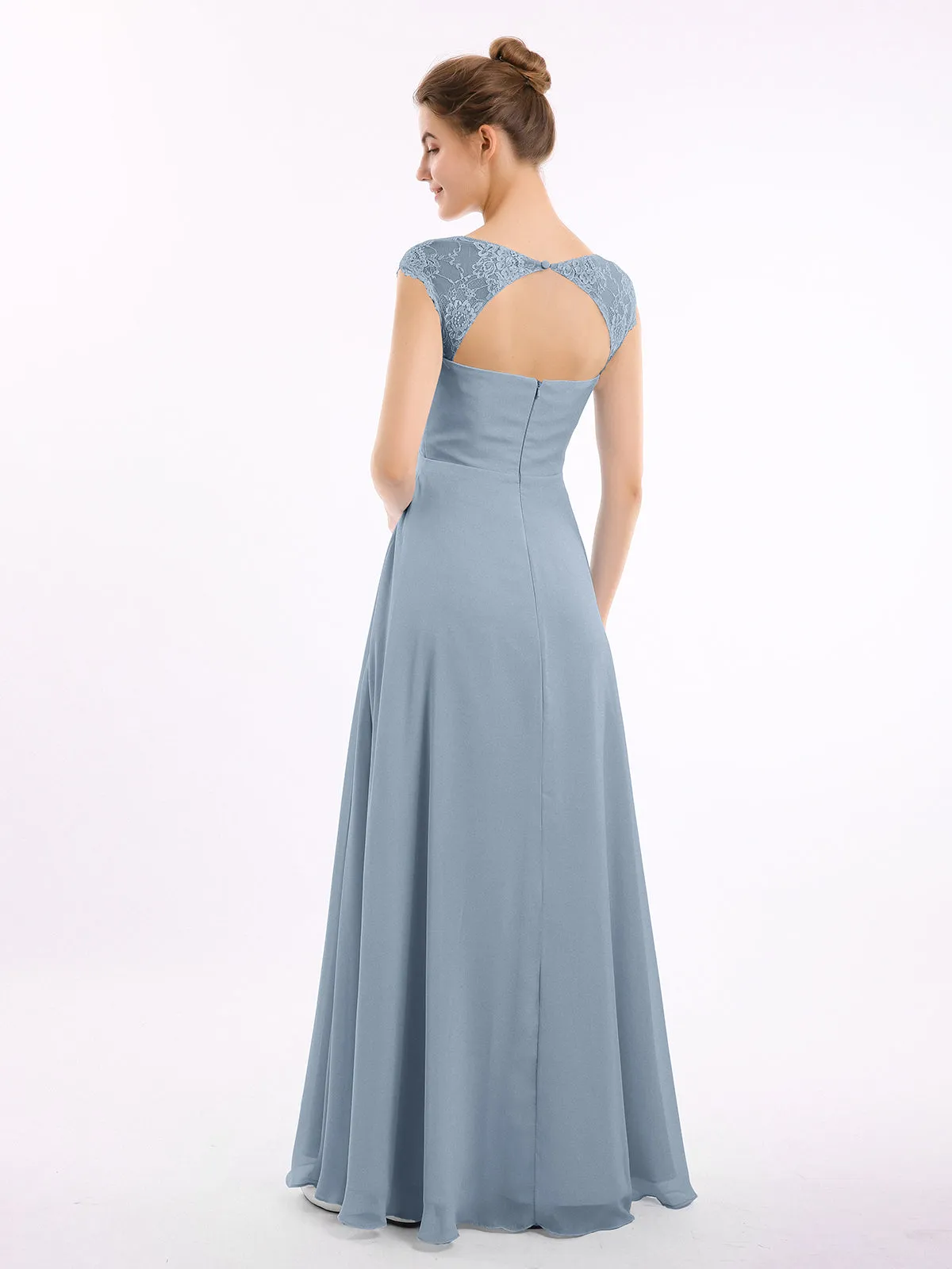 Chiffon Bridesmaid Dresses with Lace Cap Sleeves-Dusty Blue Plus Size