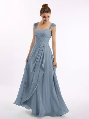 Chiffon Bridesmaid Dresses with Lace Cap Sleeves-Dusty Blue Plus Size