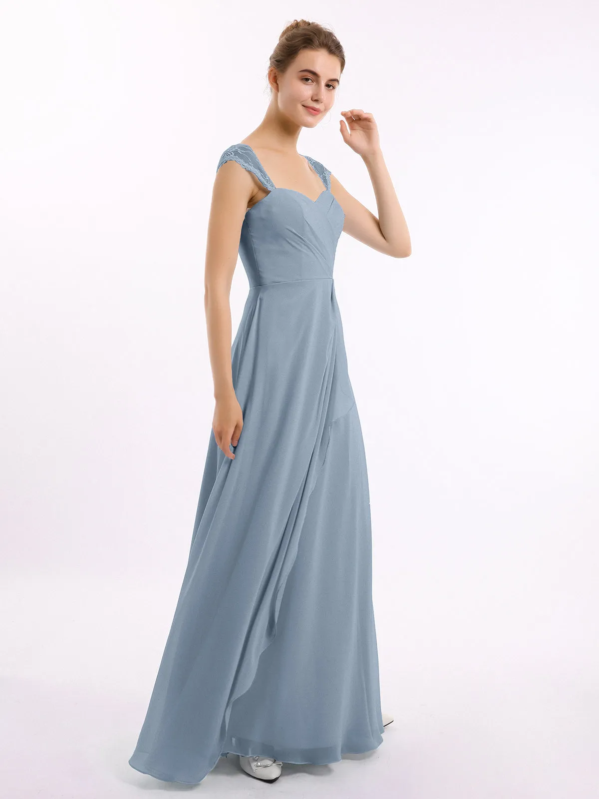 Chiffon Bridesmaid Dresses with Lace Cap Sleeves-Dusty Blue Plus Size
