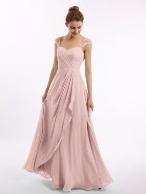 Chiffon Bridesmaid Dresses with Lace Cap Sleeves-Dusty Rose