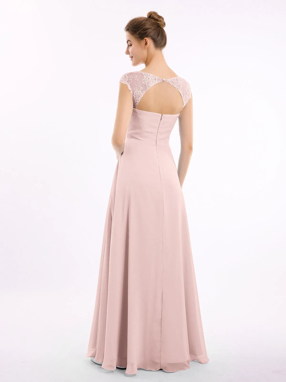 Chiffon Bridesmaid Dresses with Lace Cap Sleeves-Dusty Rose