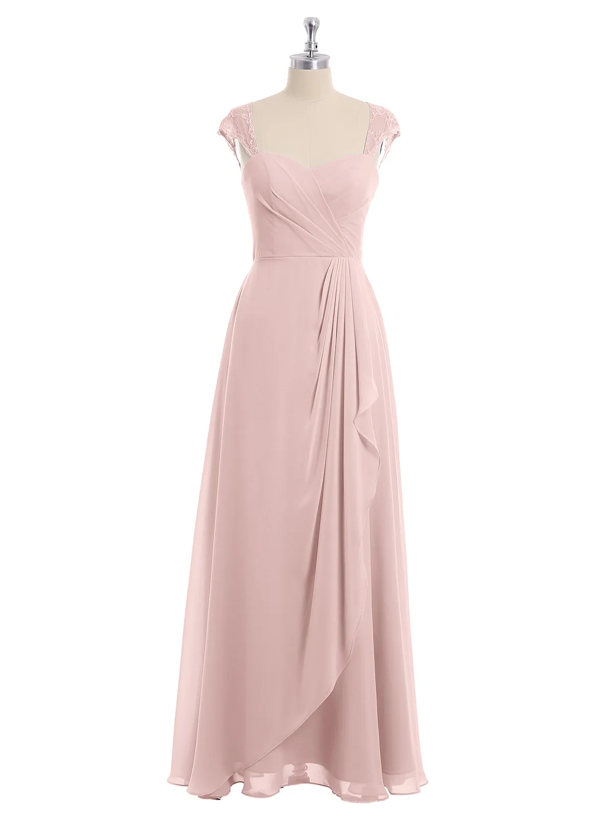 Chiffon Bridesmaid Dresses with Lace Cap Sleeves-Dusty Rose