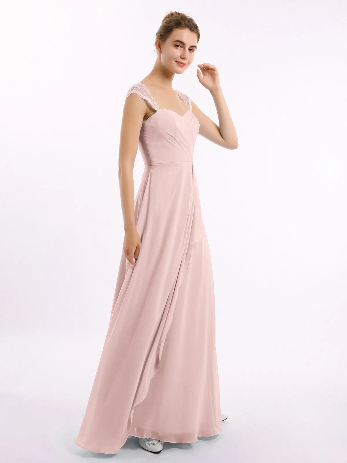 Chiffon Bridesmaid Dresses with Lace Cap Sleeves-Dusty Rose