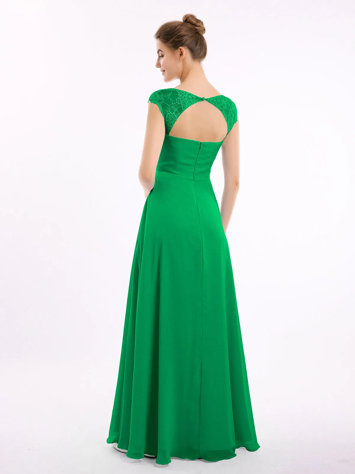 Chiffon Bridesmaid Dresses with Lace Cap Sleeves-Emerald