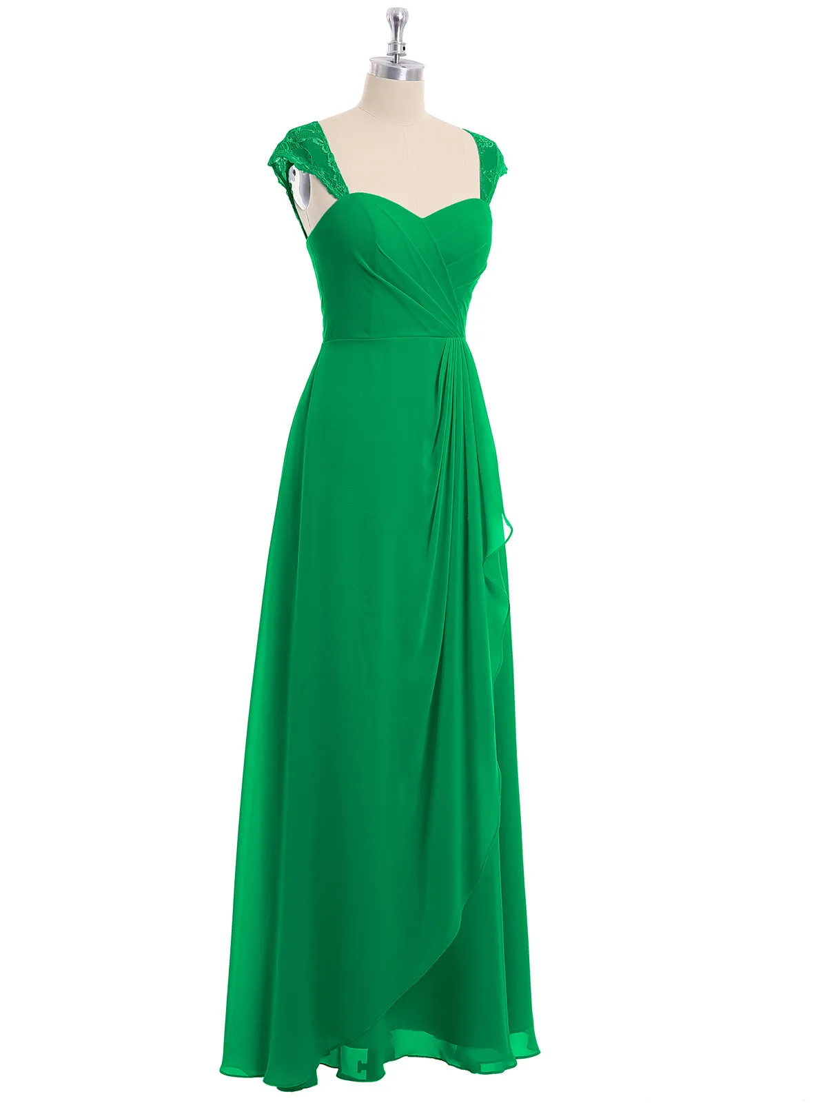 Chiffon Bridesmaid Dresses with Lace Cap Sleeves-Emerald