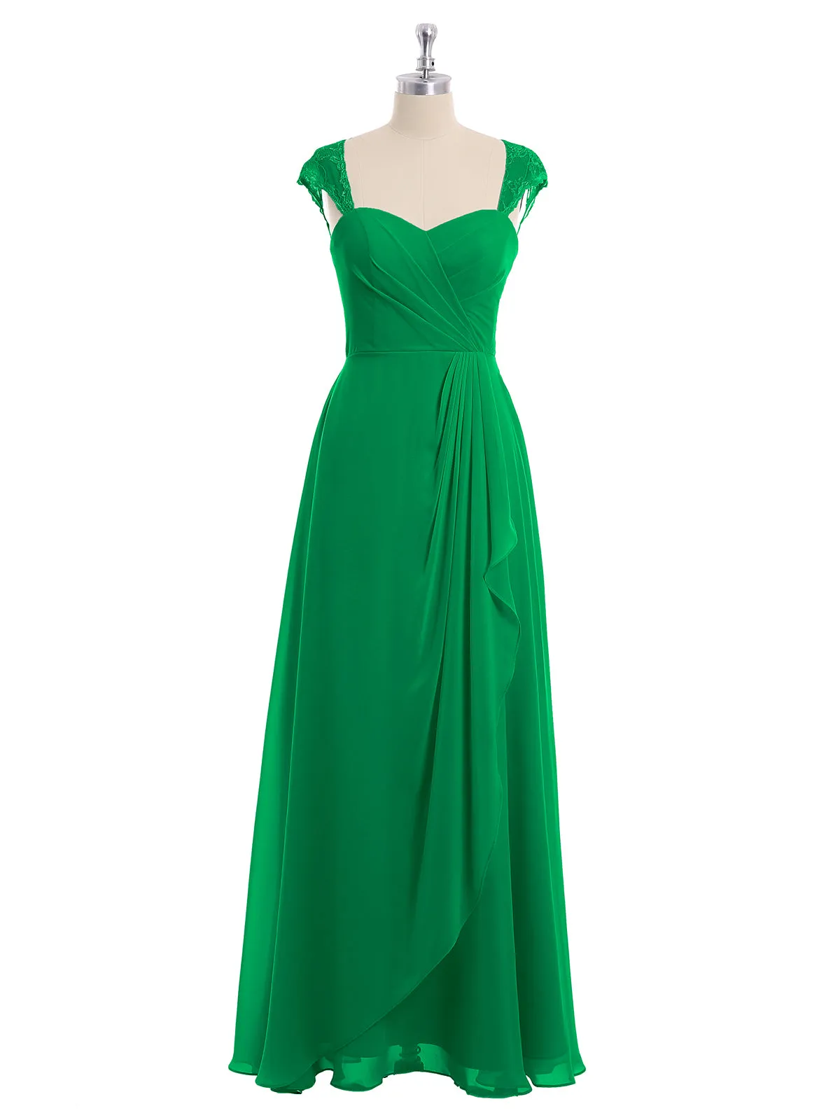 Chiffon Bridesmaid Dresses with Lace Cap Sleeves-Emerald