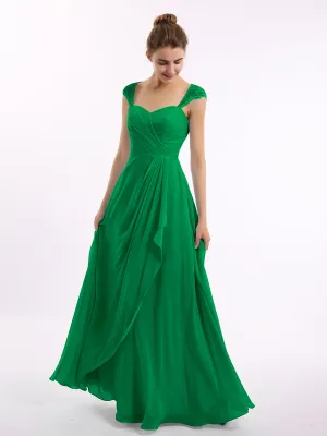 Chiffon Bridesmaid Dresses with Lace Cap Sleeves-Emerald