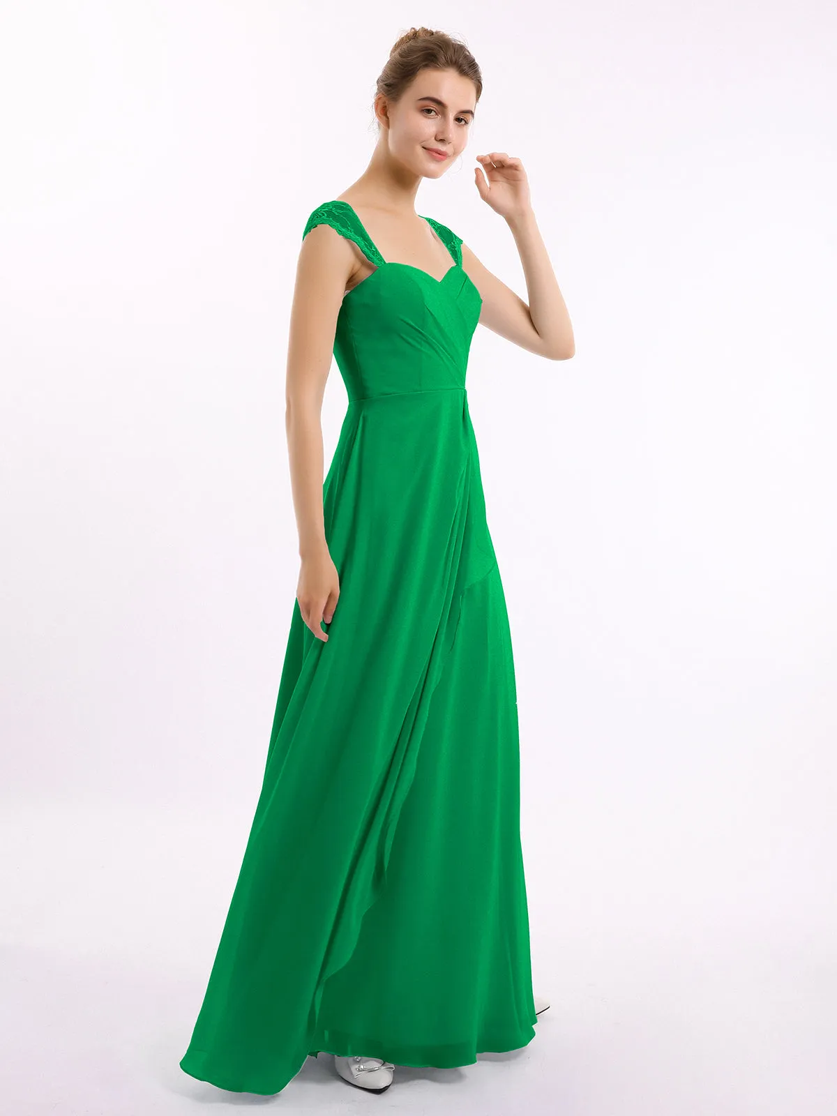 Chiffon Bridesmaid Dresses with Lace Cap Sleeves-Emerald