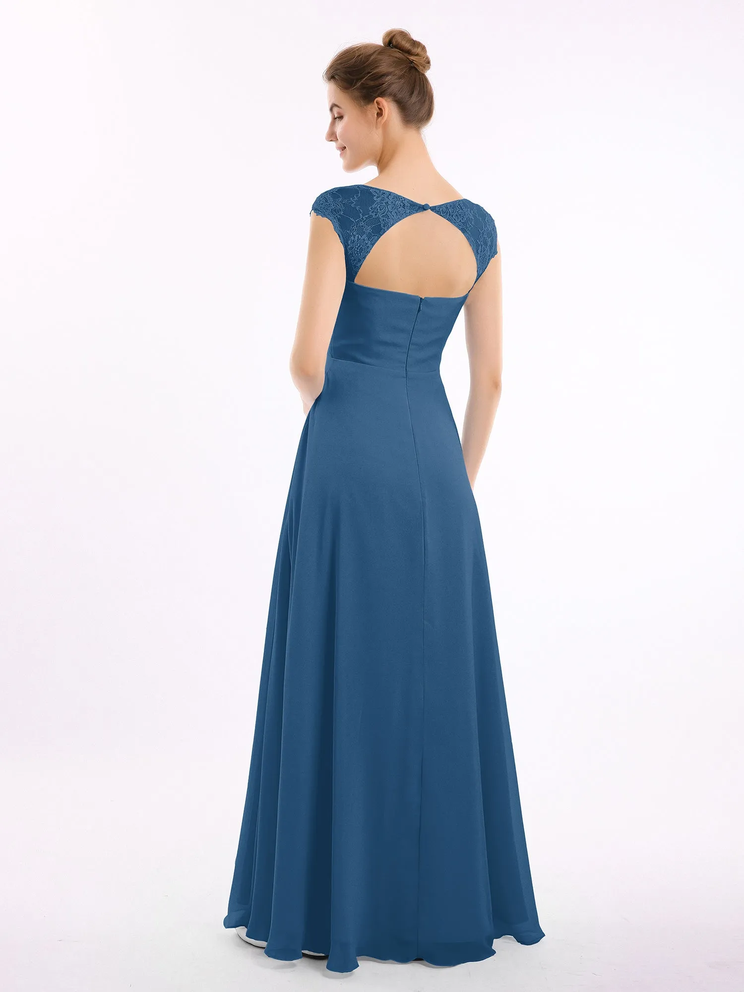 Chiffon Bridesmaid Dresses with Lace Cap Sleeves-Ink Blue Plus Size
