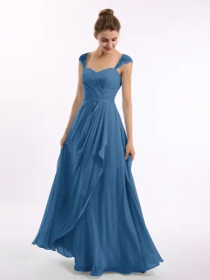 Chiffon Bridesmaid Dresses with Lace Cap Sleeves-Ink Blue Plus Size