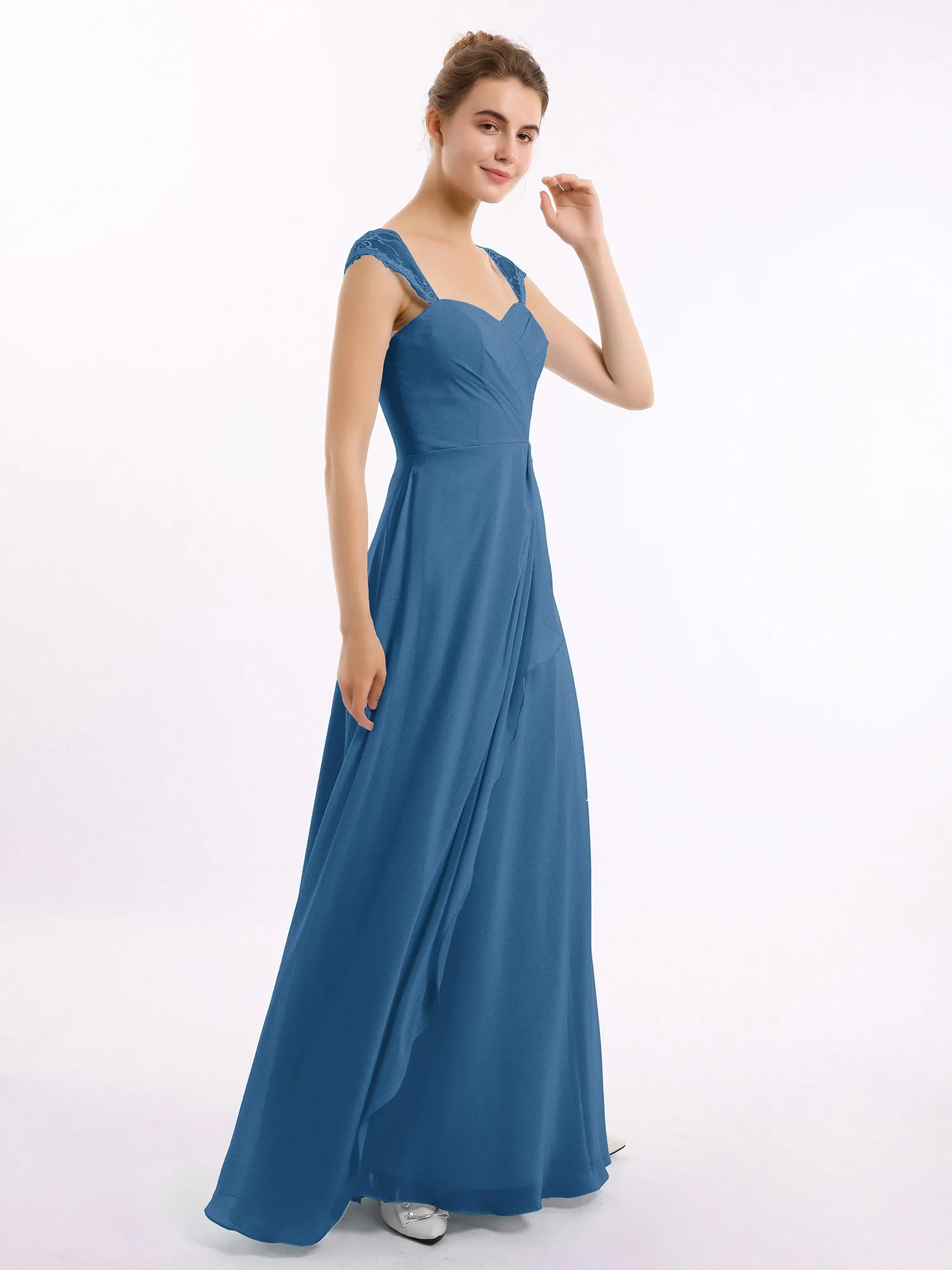 Chiffon Bridesmaid Dresses with Lace Cap Sleeves-Ink Blue Plus Size