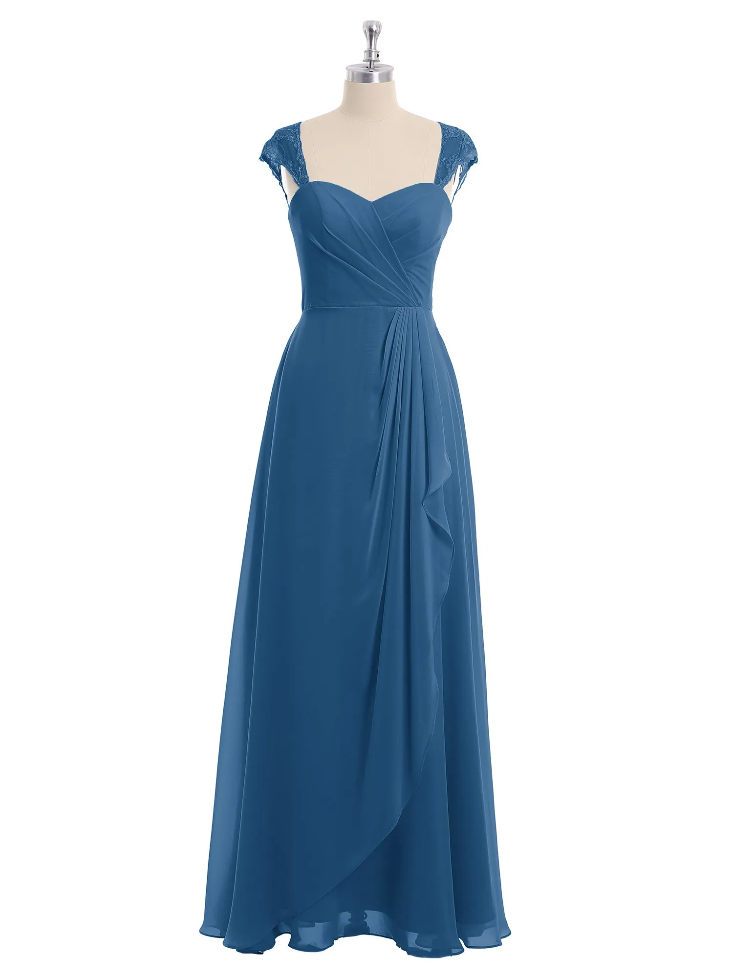 Chiffon Bridesmaid Dresses with Lace Cap Sleeves-Ink Blue Plus Size