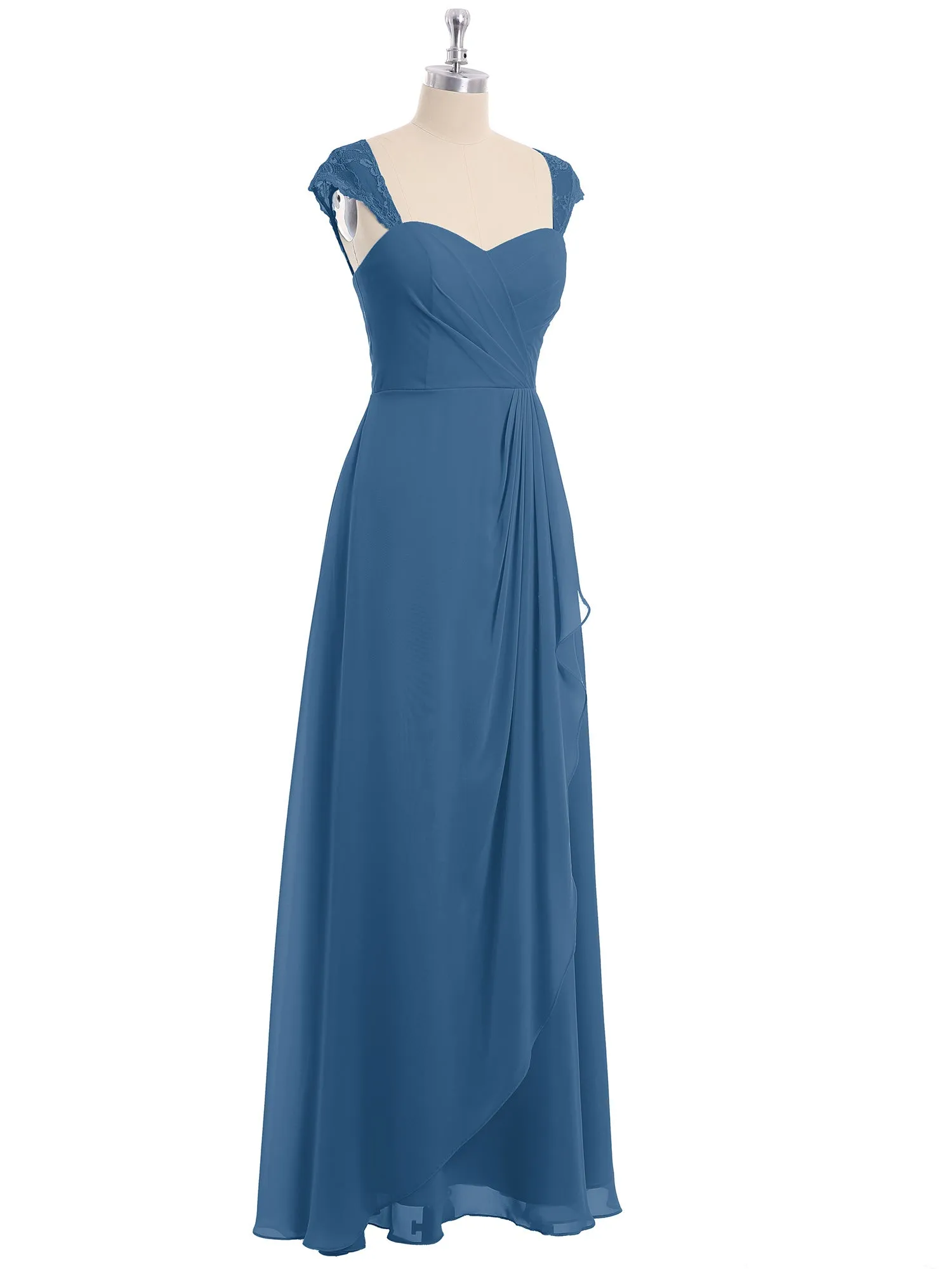 Chiffon Bridesmaid Dresses with Lace Cap Sleeves-Ink Blue Plus Size
