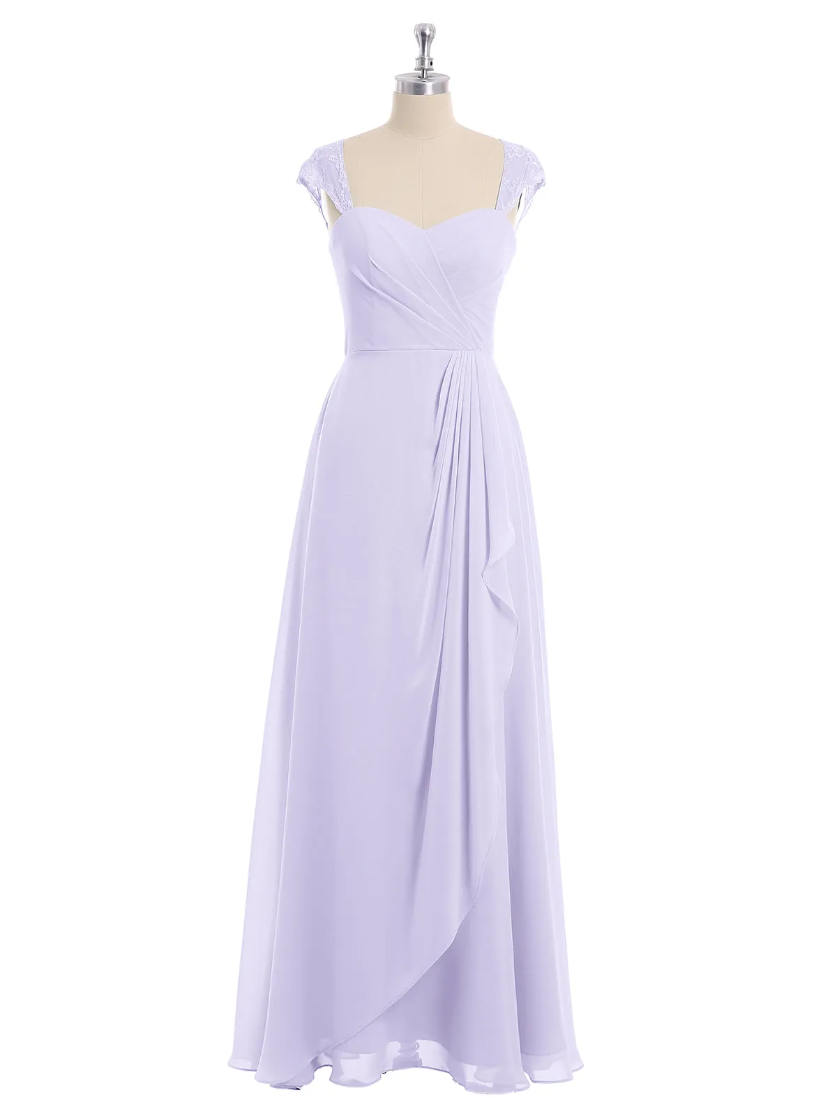 Chiffon Bridesmaid Dresses with Lace Cap Sleeves-Lilac