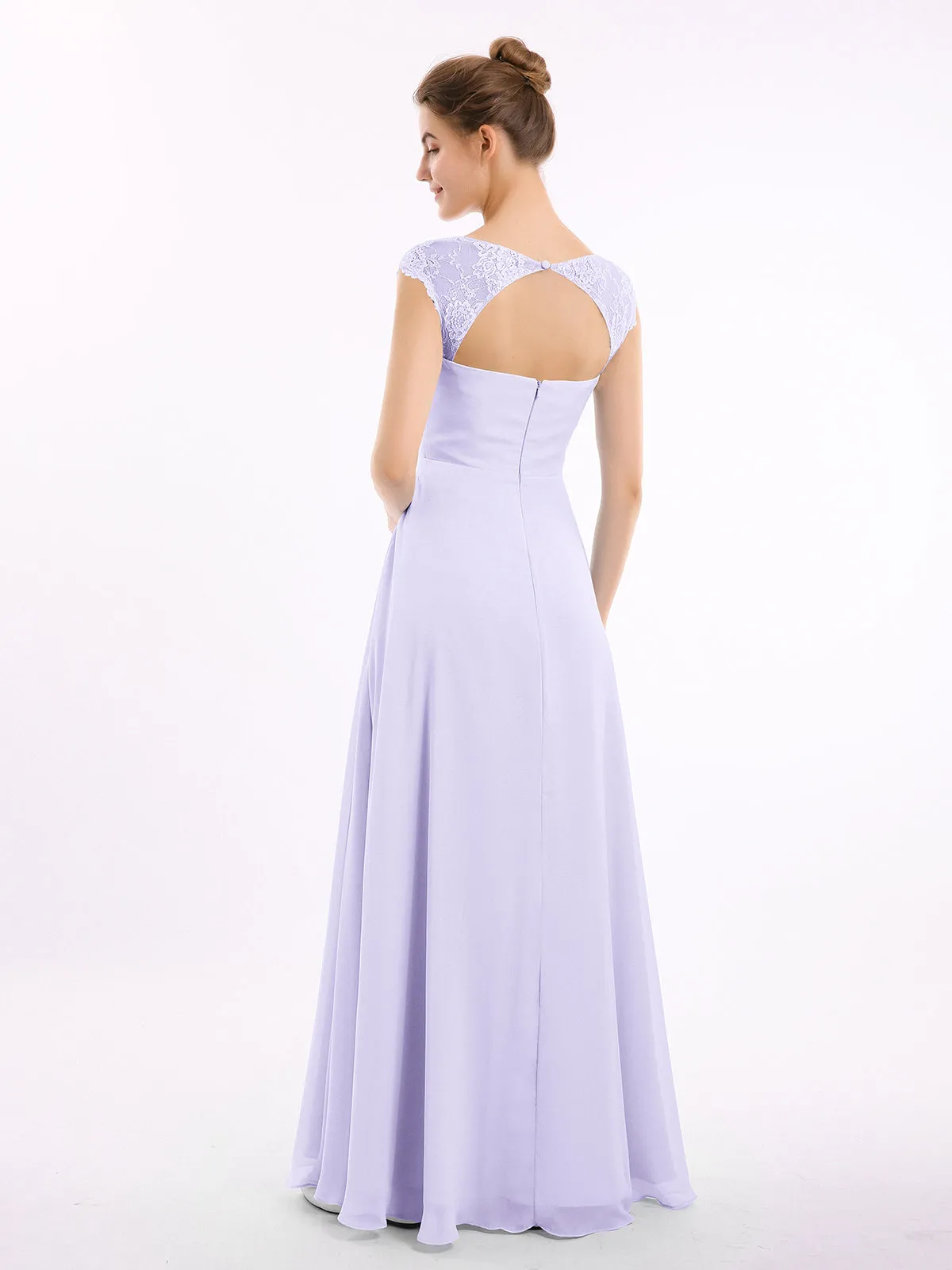 Chiffon Bridesmaid Dresses with Lace Cap Sleeves-Lilac