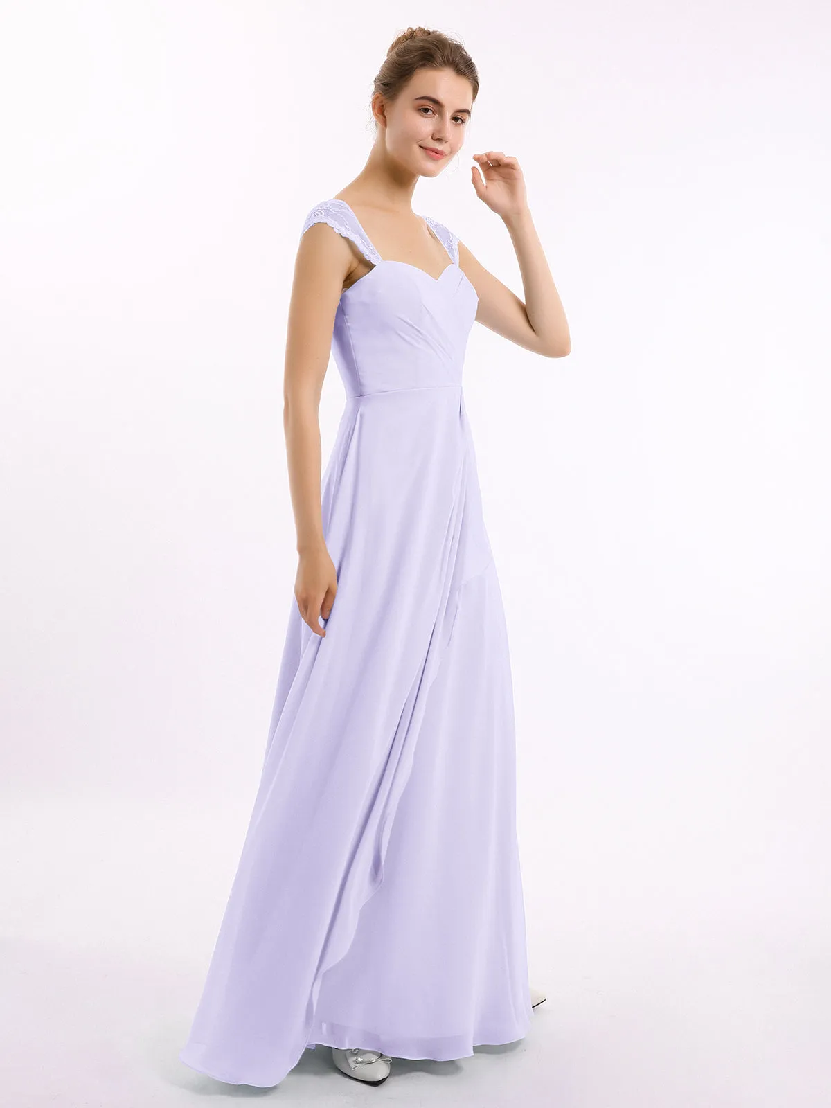 Chiffon Bridesmaid Dresses with Lace Cap Sleeves-Lilac