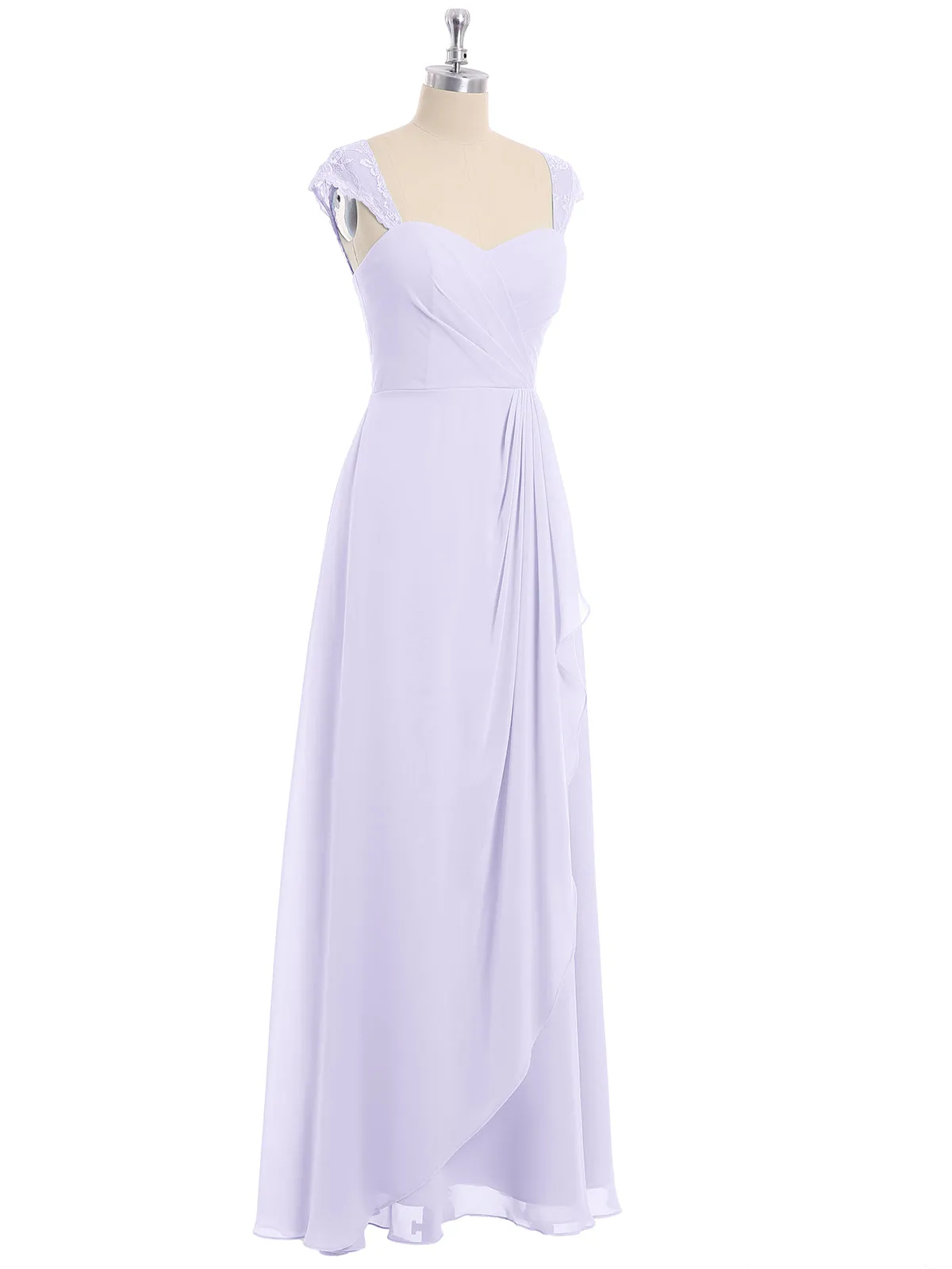 Chiffon Bridesmaid Dresses with Lace Cap Sleeves-Lilac