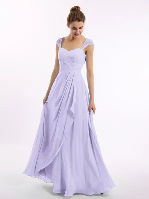 Chiffon Bridesmaid Dresses with Lace Cap Sleeves-Lilac