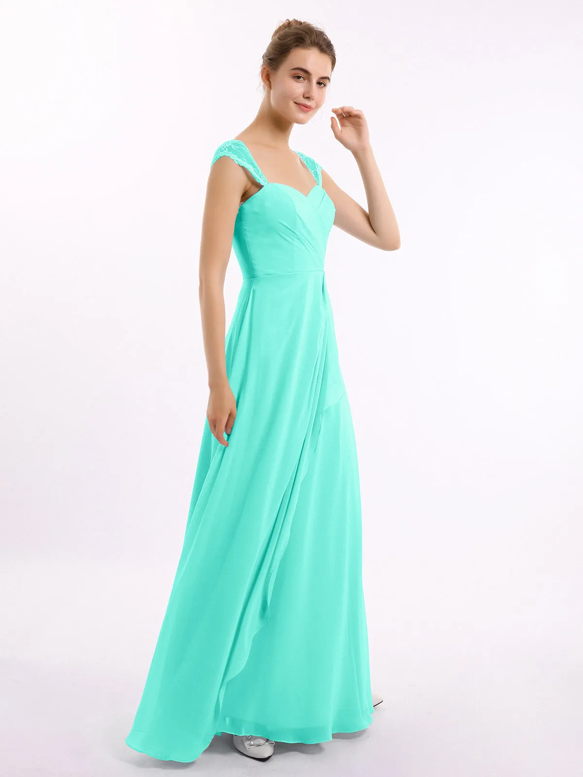 Chiffon Bridesmaid Dresses with Lace Cap Sleeves-Spa Plus Size