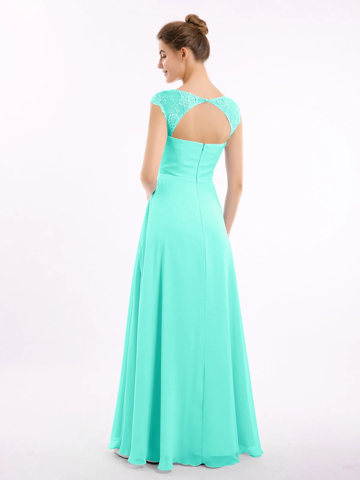 Chiffon Bridesmaid Dresses with Lace Cap Sleeves-Spa Plus Size
