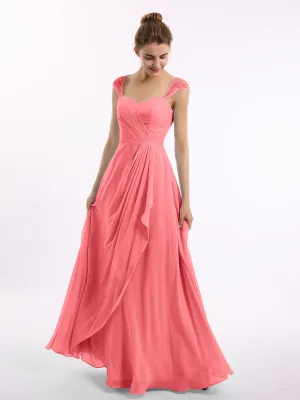 Chiffon Bridesmaid Dresses with Lace Cap Sleeves-Watermelon Plus Size
